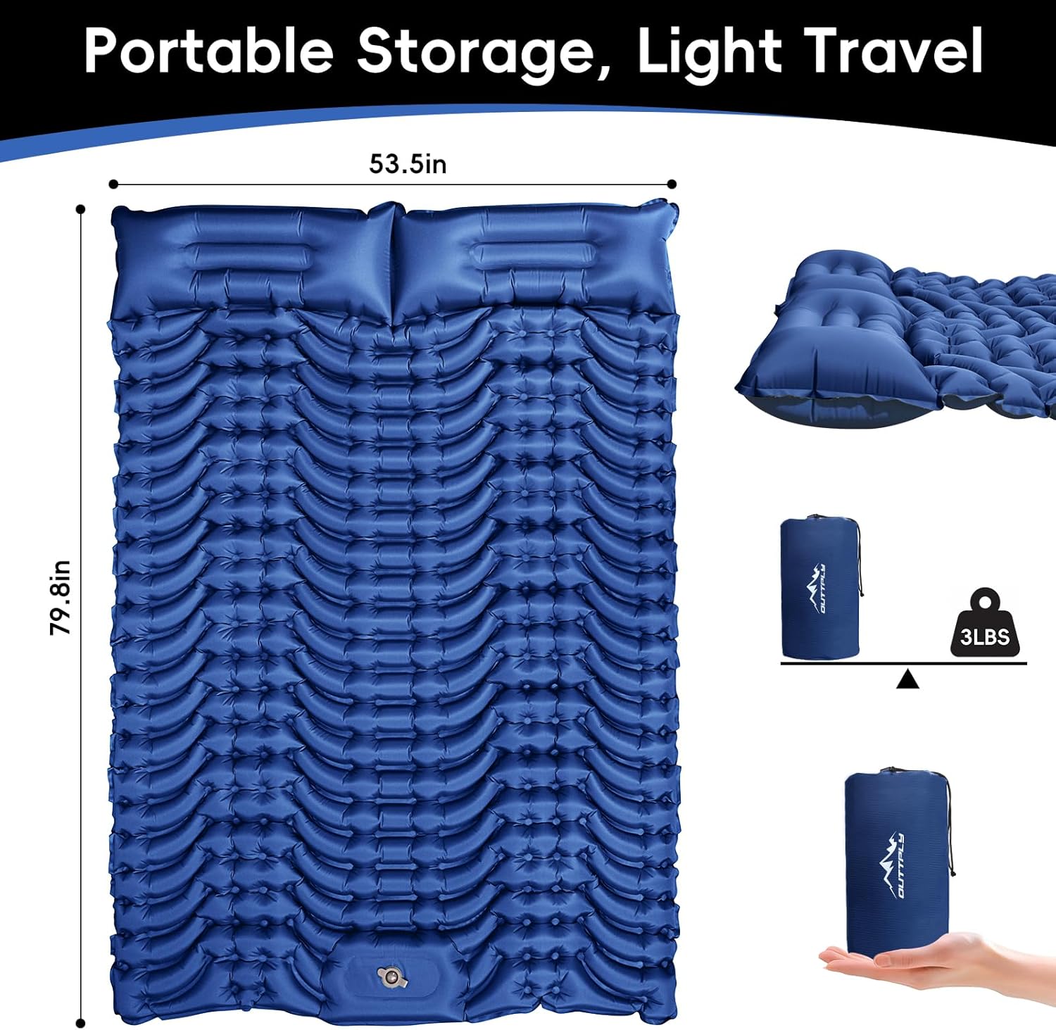 Double Sleeping Pad for Camping, 4" Extra-Thick, Self Inflating Camping Mattress for 2 Person with Pillow, Built-in Foot Pump, Portable Sleeping Mat for Backpacking, Hiking, Traveling, Tent