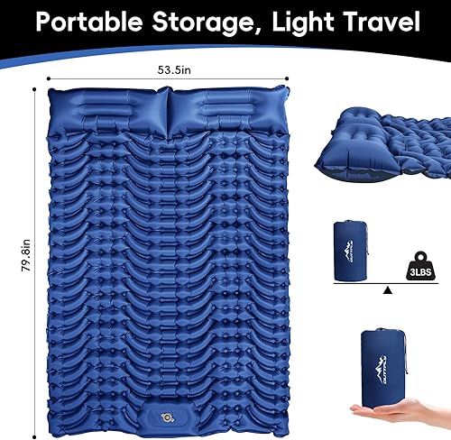 Miniatura 2 de Colchoneta de dormir doble para camping, 4 pulgadas extra gruesa, colchón de campamento autoinflable para 2 personas con almohada, bomba de pie