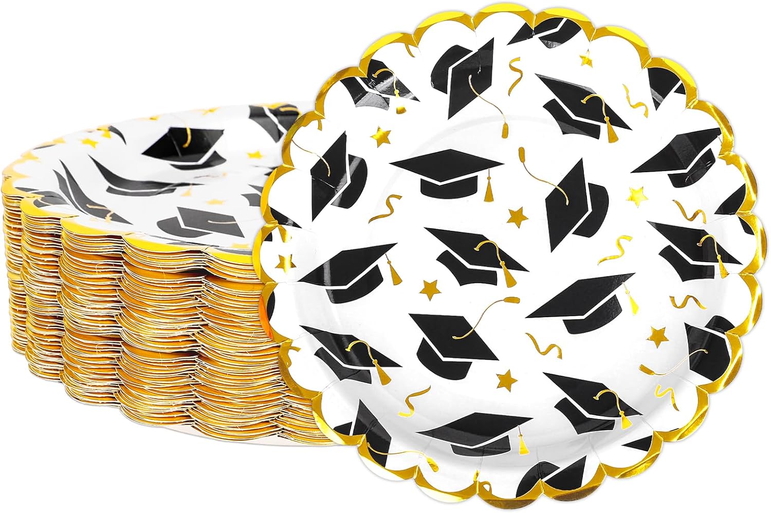 FYSUIMU 40 Pcs Graduation Hat Paper Plates Gold Foil Grad Cap Disposable Plates 9 Inch Congrats Grad Scalloped Party Tableware for Class of 2026 College High School Graduates Table Decor Supplies