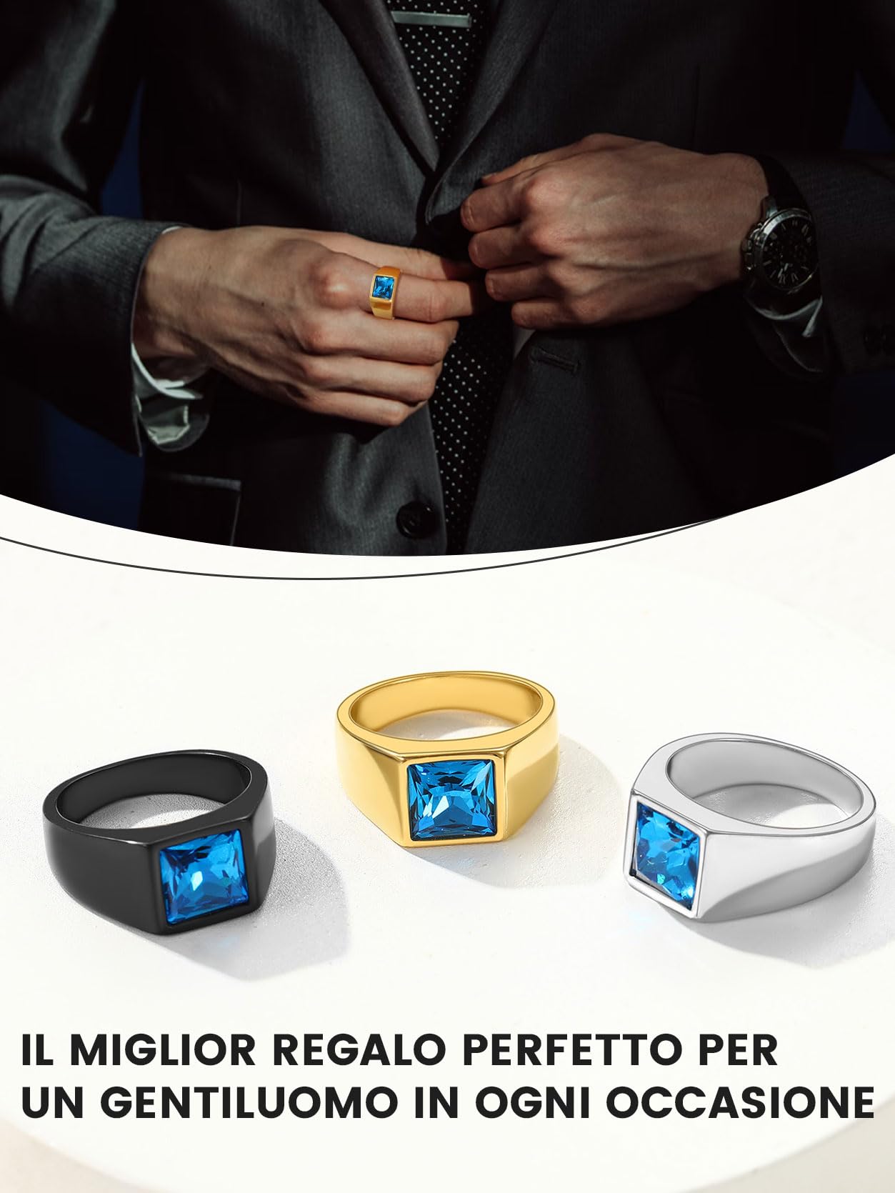 GoldChic JEWELRY Anello Pietra Zaffiro Ossidiana Alta Trasparenza Intarsio 3D Tagliato a Diamante Anello Uomo Acciaio Misura IT 14-32