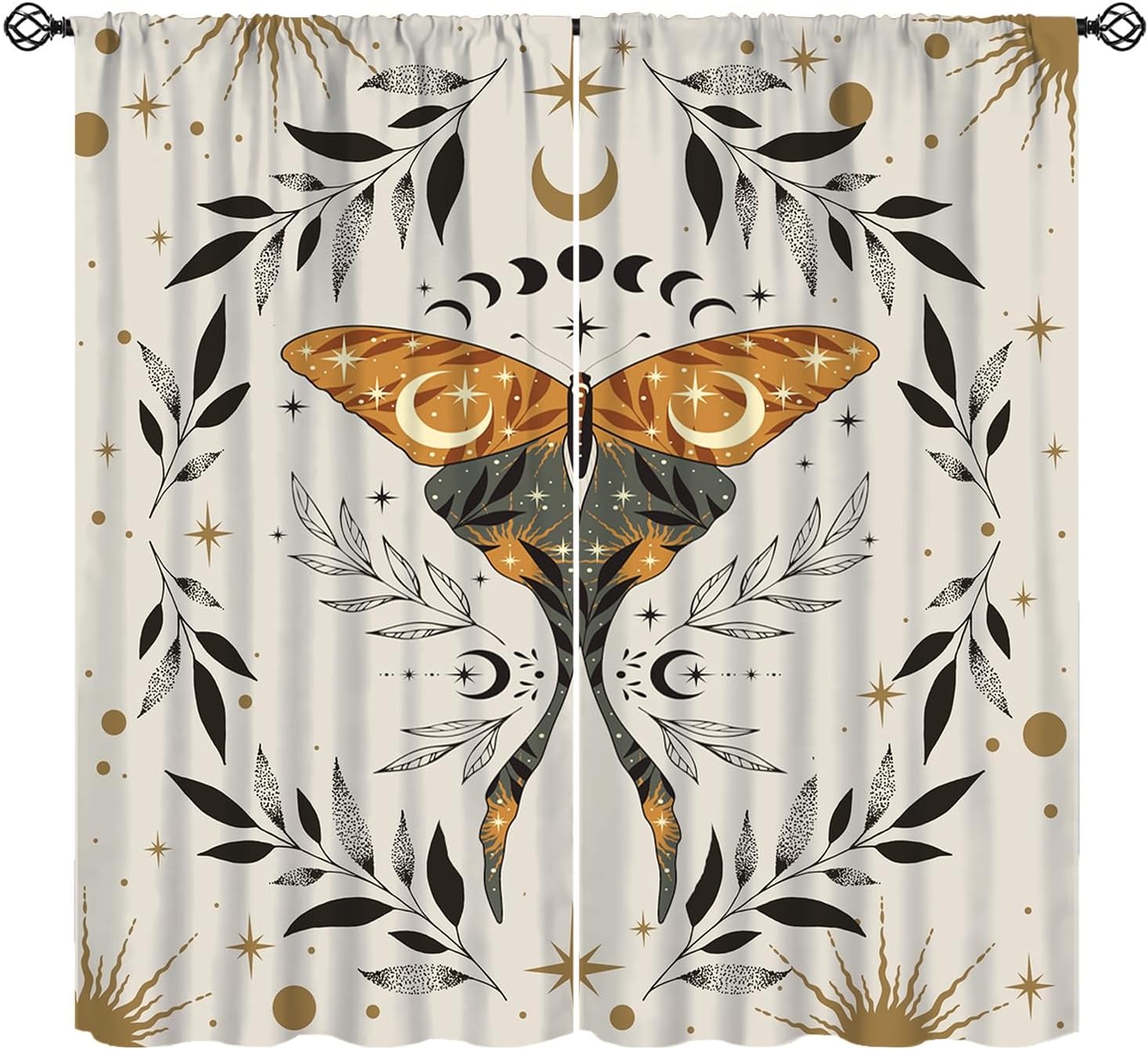 Gothic Moth Blackout Curtains, Mystic Vintage Moon Phase Tarot Leaf Gothic Astrology Window Treatments for Bedroom Living Room Kitchen Home 42" W X 63" L