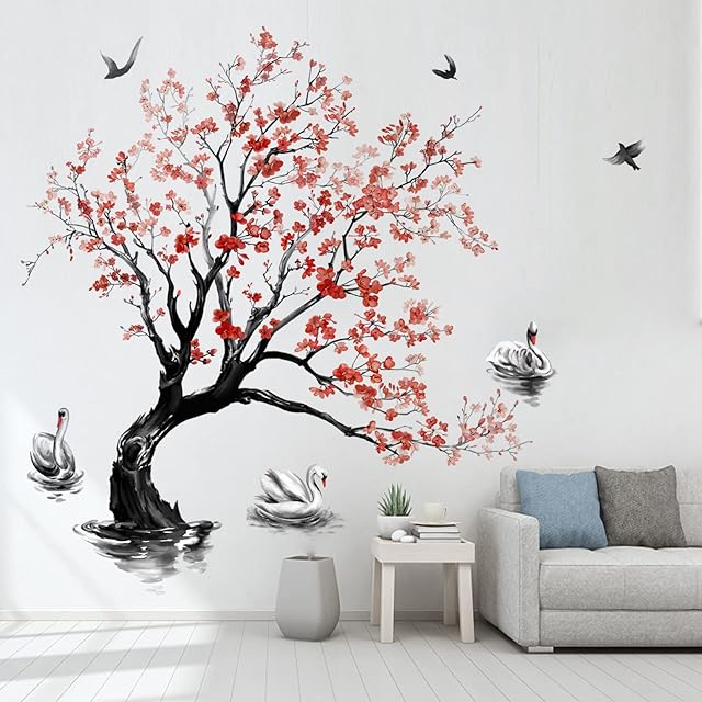 decalmile Large Blossom Tree Wall Decals Swan Flower Tree Wall Stickers Living Room Bedroom TV Background Wall Decor (Tree H: 140cm)