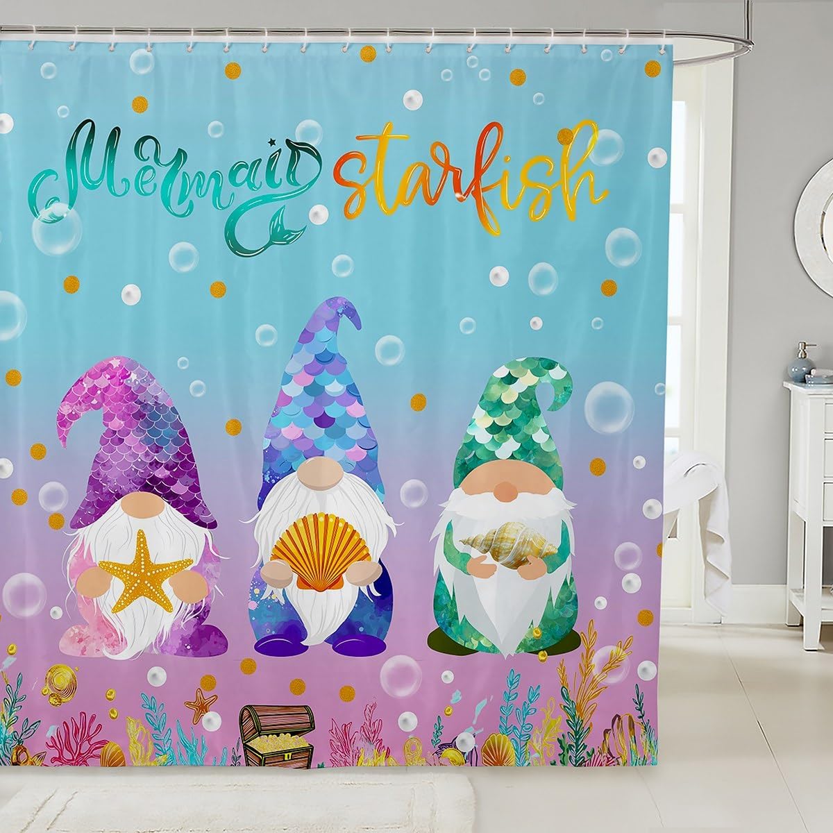 Kids Santa Claus Bath Curtain, Girls Mermaid Tail Shower Curtain, Underwater World Bathtub Shower Curtain Christmas Gnome Shower Curtain For Bathtubs Rainbow Fish Scales Xmas Decor 72" W X 84" L