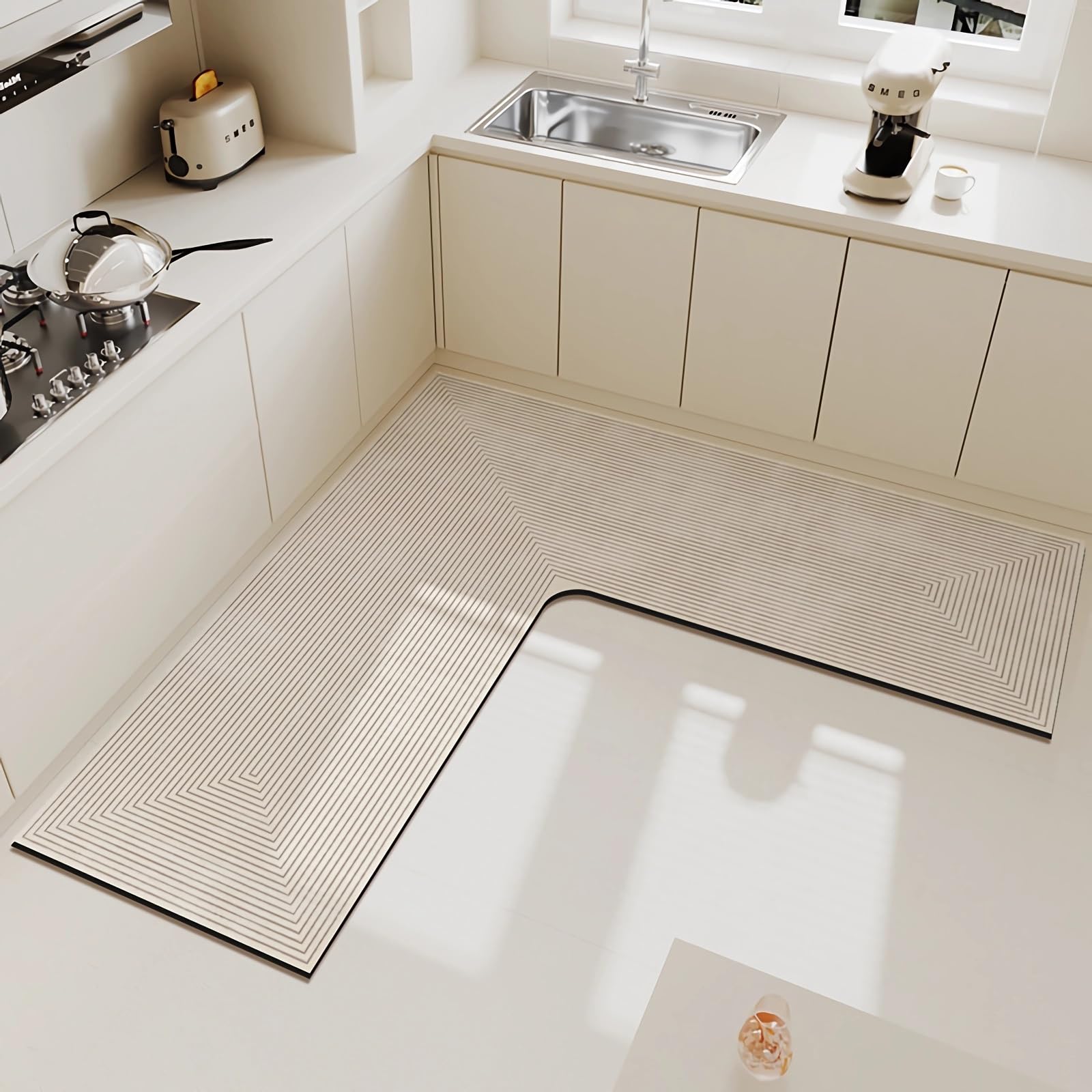 Tapis de cuisine en L 120x120 cm d'angle antidérapant et super absorbant
