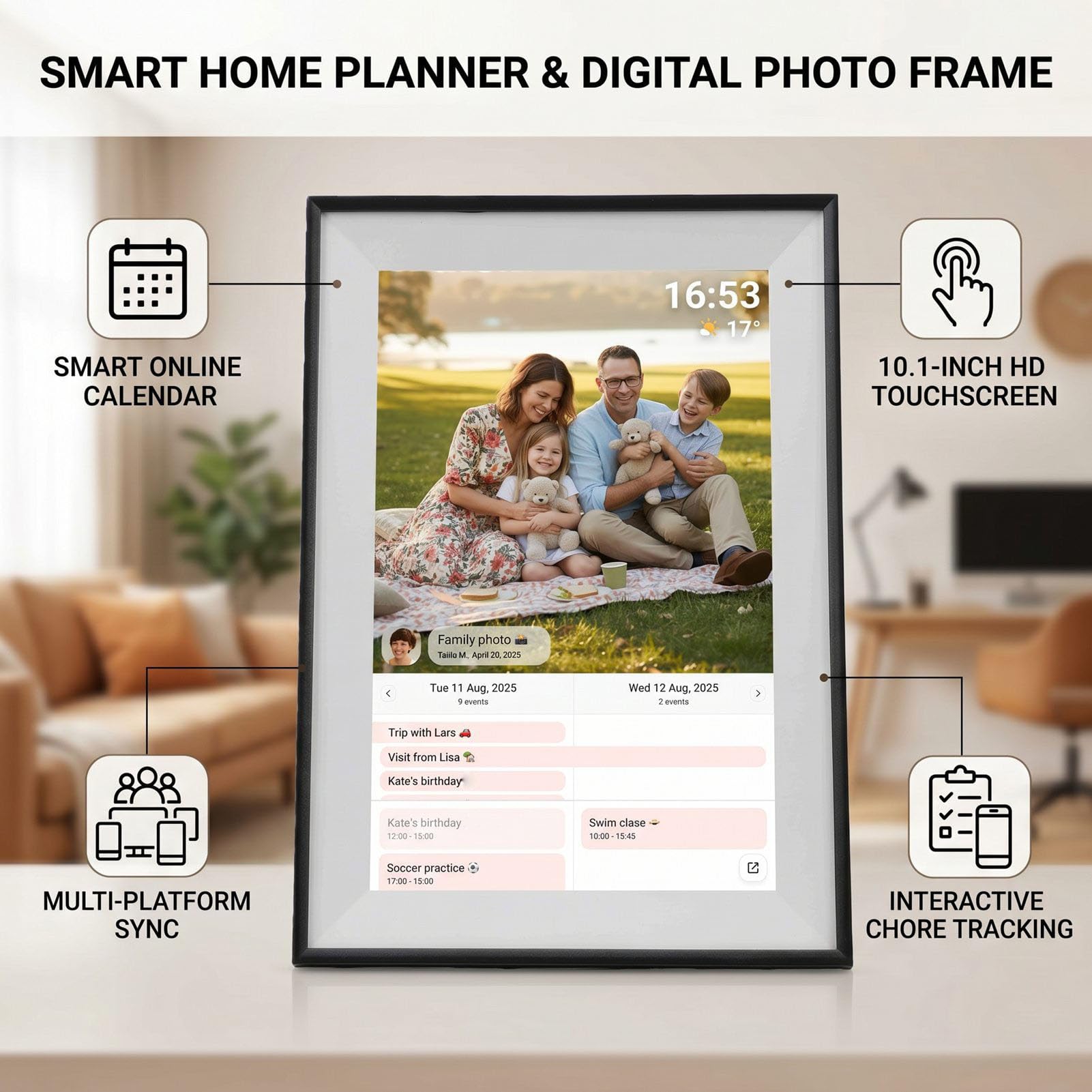 Ejoyous 10,1-Zoll-Smart-Kalender, Digitaler ABS-Touchscreen-Fotorahmen mit 1280 X 800 LCD, Familienplaner, Aufgabendiagramm, Echtzeitsynchronisierung für Home-Office-Zeitpläne