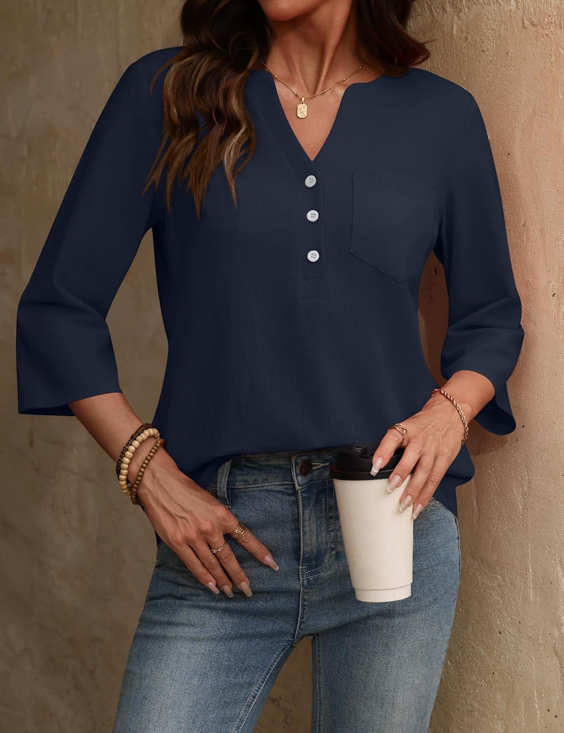 LOMON 3/4 Length Sleeve Womens Tops Cotton Linen Shirts V Neck Loose Fit Casual Blouses Early Fall Fashion Clothes