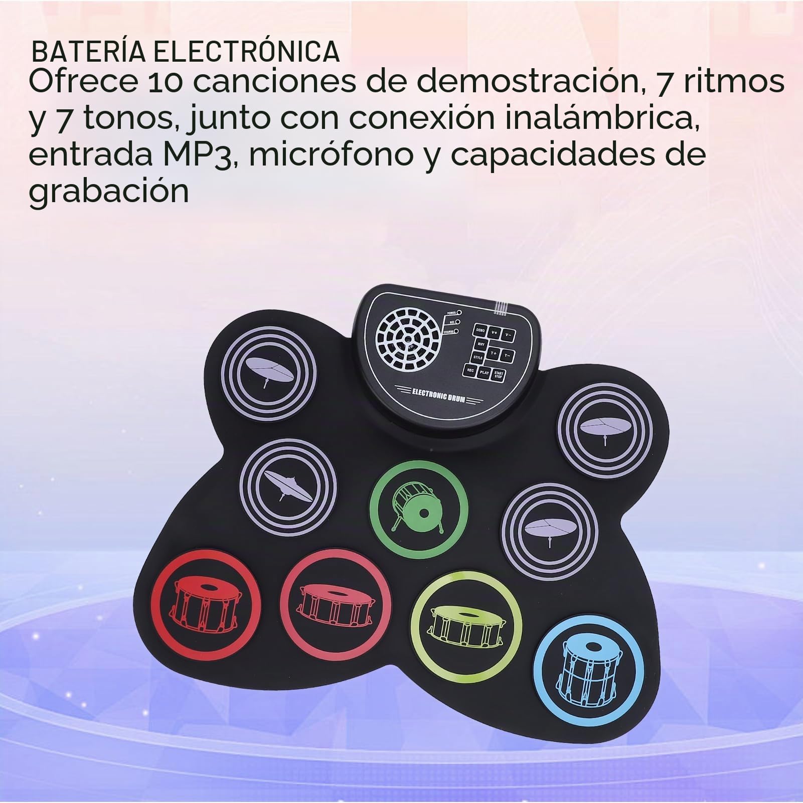 Batería Electrónica, Portátil Multifuncional 9 Pads Roll Up Drum Pad, Batería Eléctrica Portátil con Pedales Baquetas, Conector para Auriculares, Altavoz Doble Incorporado