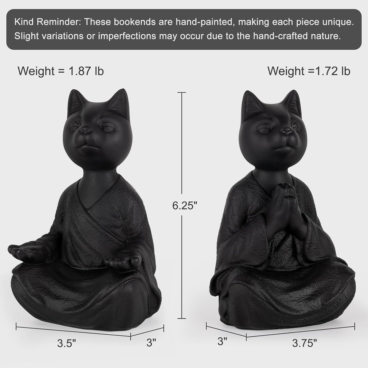 Meditating Cat Bookends, Zen Style Decorative Cat Statue Bookends, Heavy Resin Book Ends for Shelves, Desk & Home Decor (Black)