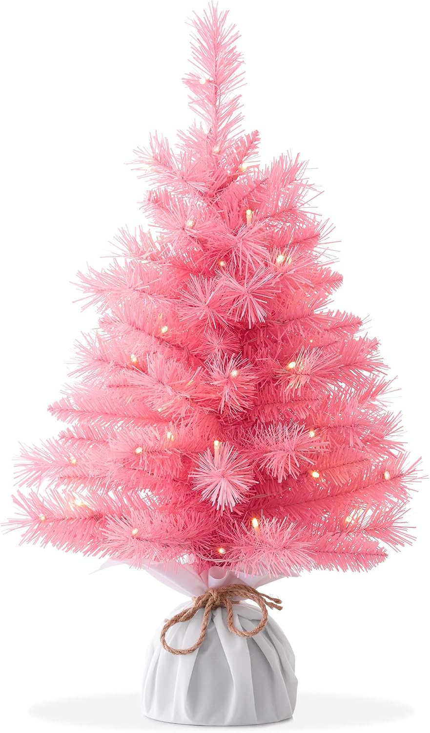 Casafield 2FT Pre-Lit Artificial Mini Christmas Tree, White Tabletop Holiday Tree with White Lights and Velvet Bag Base