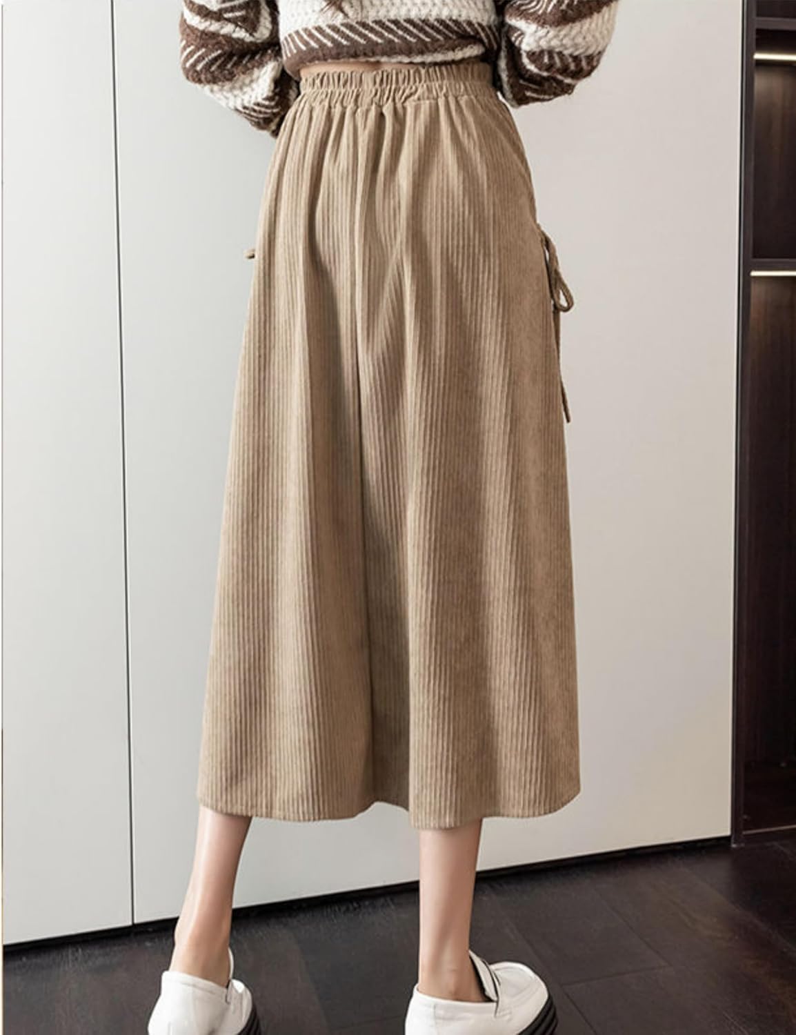 Womens Winter/Spring Midi A-Line Imitation Corduroy Skirt Pleated Elastic Waist Ruffle Bow Tie Skirt - Image 8