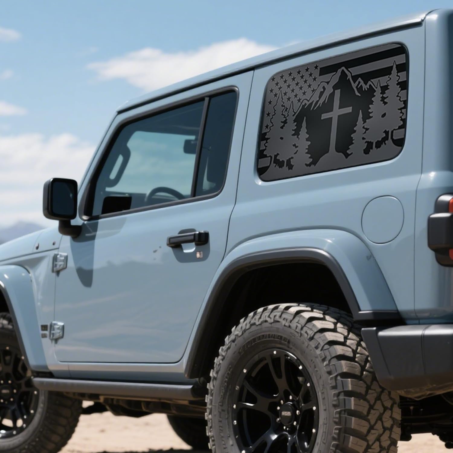 for Jeep Wrangler JLU 4-Door 2018-2025 Rear Side Window Mountain Christian Cross Flag Decals, 2PCS Matte Black Faith USA Flag Vinyl Stickers, Patriotic SUV Truck Window Graphics Exterior Accessories