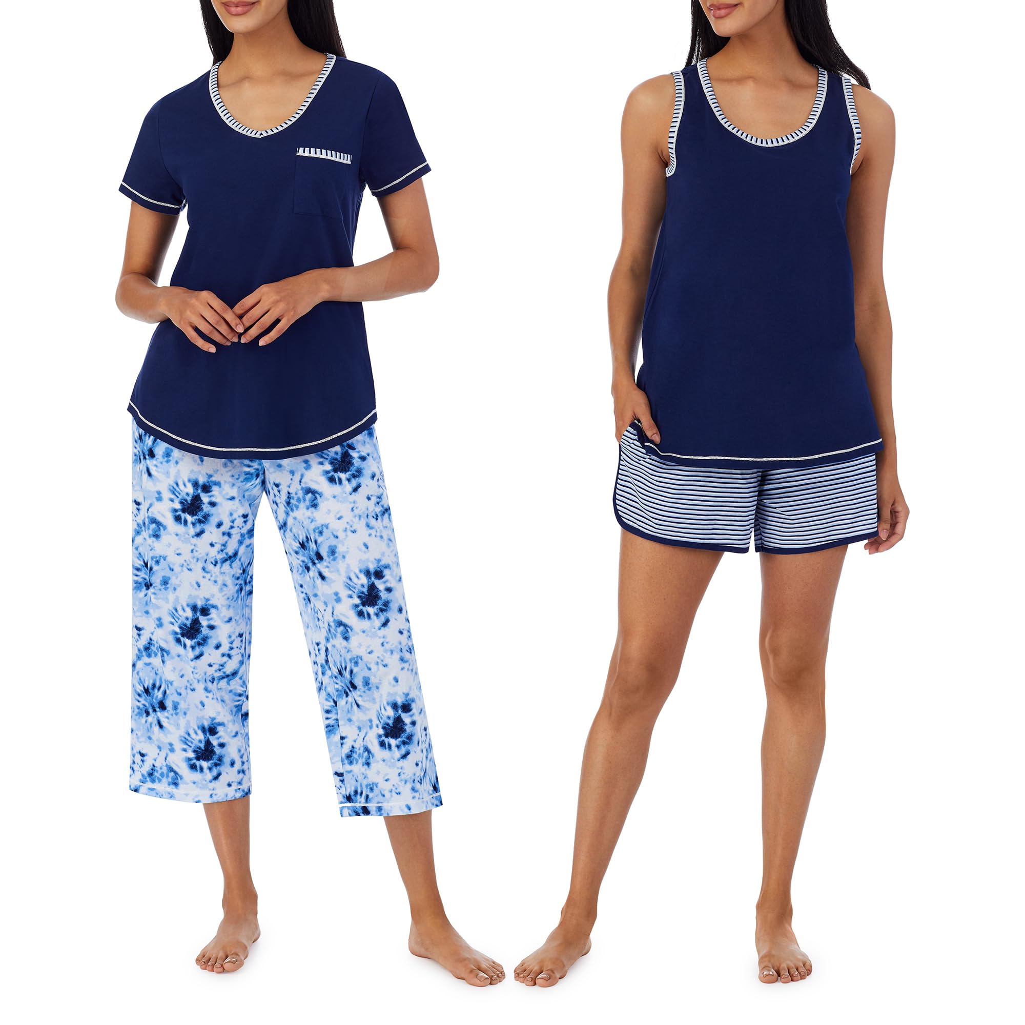 Carole HochmanWomen's 4-Piece 100% Cotton Pajama Set – V-Neck T-Shirt, Tank, Capri Pants & Shorts with Drawstring & Pockets