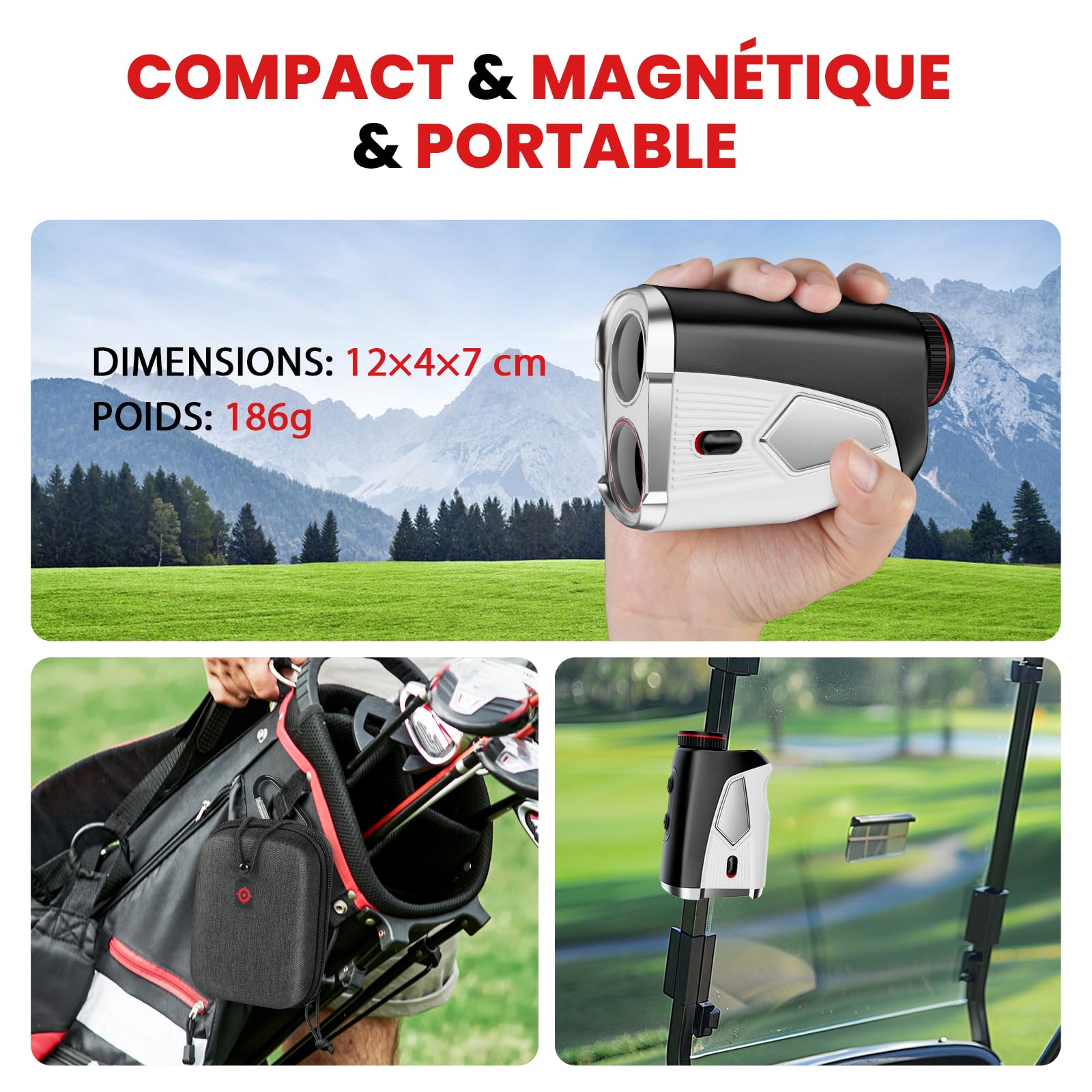 Télémètre de golf avec pente marche/arrêt, 1 374 m, grossissement 7x, haute précision, pour golf/chasse, verrouillage de drapeau avec vibration, télémètre de golf portable, rechargeable