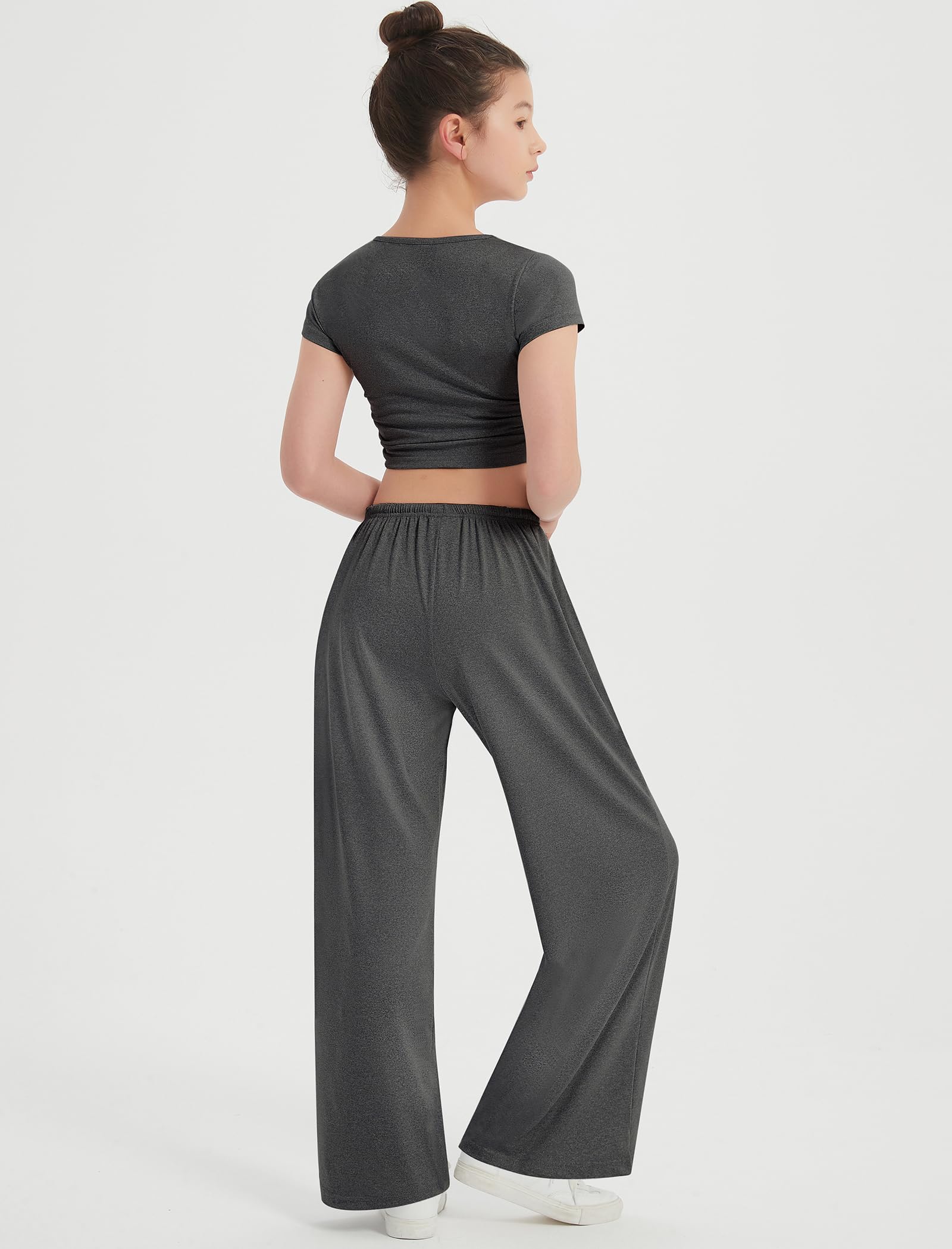 EXARUS Conjunto de 3 conjuntos de descanso para niñas, 2 piezas, fruncidos, manga corta, cordón, pantalones de pierna ancha con bolsillos