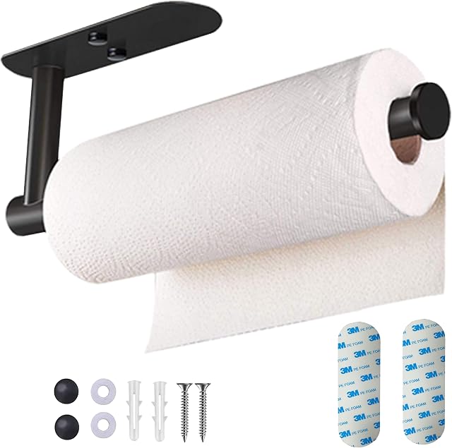 Upgraded Soothbay Paper Towel Holder Under Cabinet, Kitchen Roll, Wall Mounted Paper Towel Rack, SUS304 Matte black, Self-Adhesive and Drilling Large Paper Towel Roll Holder for Bathroom, Kitchen