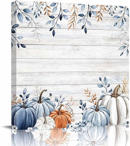Lienzo decorativo para pared con diseño de calabaza otoñal, diseño de calabazas de color azul, blanco y naranja degradado, grano de madera rústica,