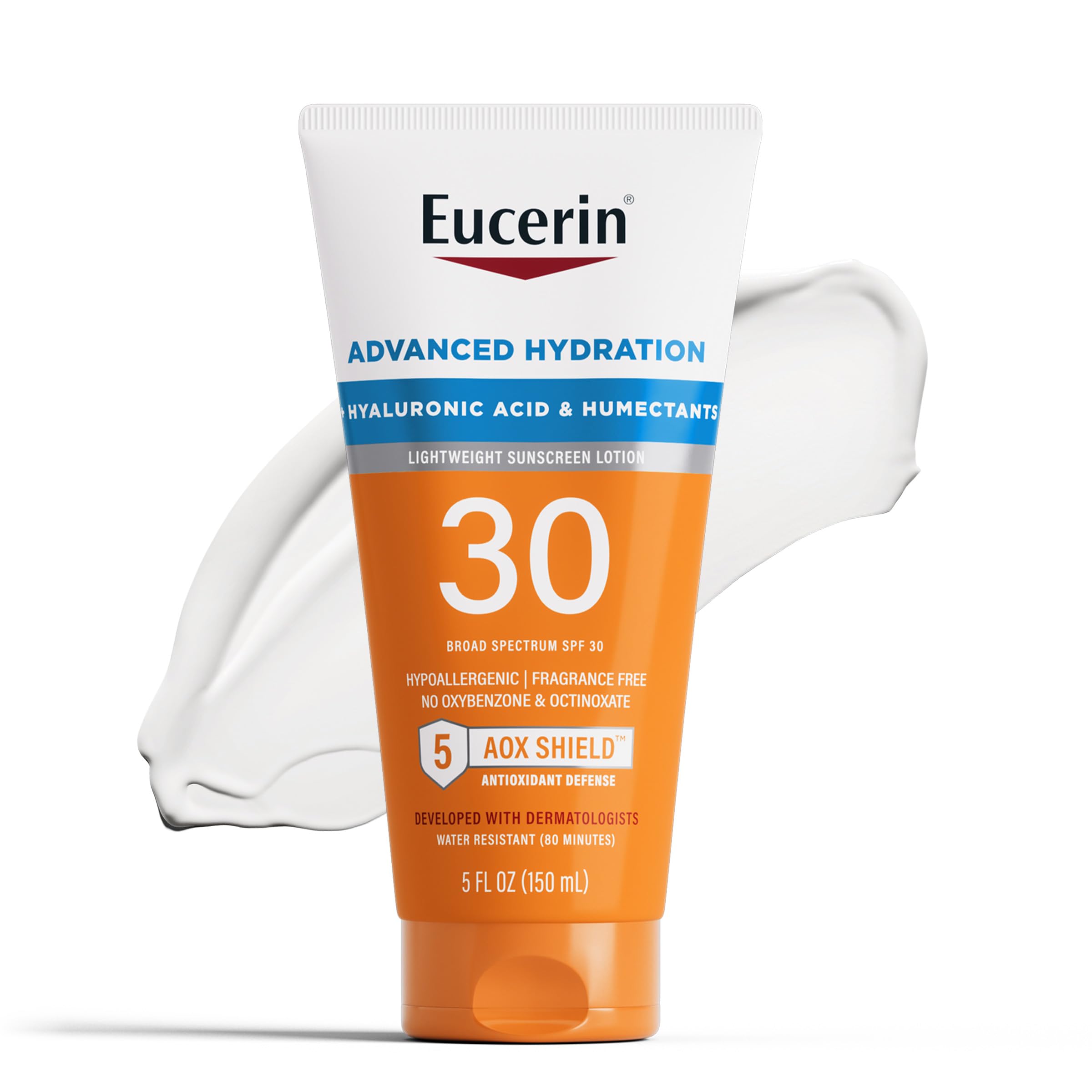 Eucerin Sun Advanced Hydration SPF 30 Sunscreen Lotion, Lightweight Sunscreen with Hyaluronic Acid and Humectants, Hypoallergenic, Fragrance Free, No Oxybenzone or Octinoxate, 5 Fl Oz Tube