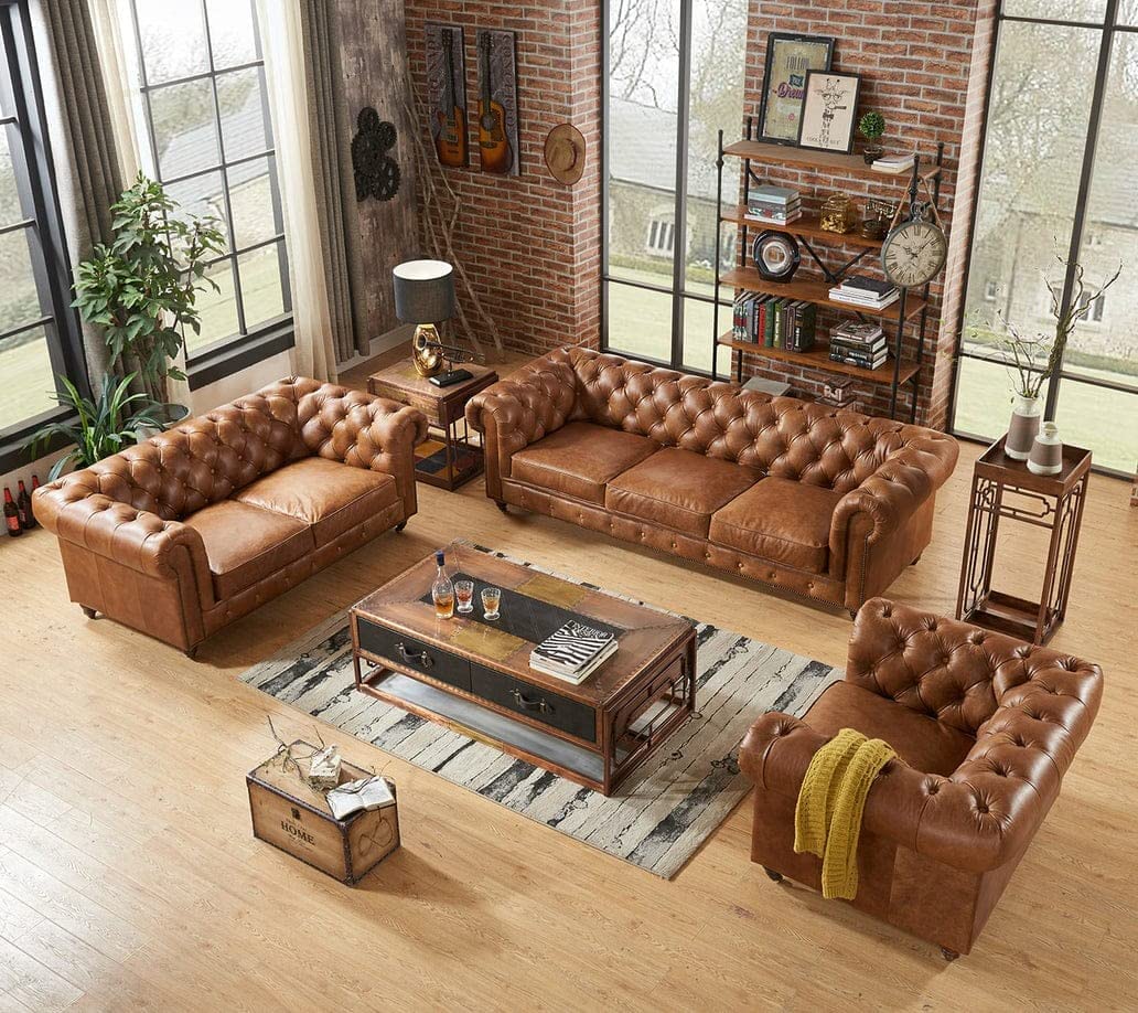Unique Furniture Art - Classic Leatherette Chesterfield Sofa Set, Button Tufted, Classic Style, Tuffted Polished Sofa Set for Living Room, Bedroom (3+2+1 Seater)