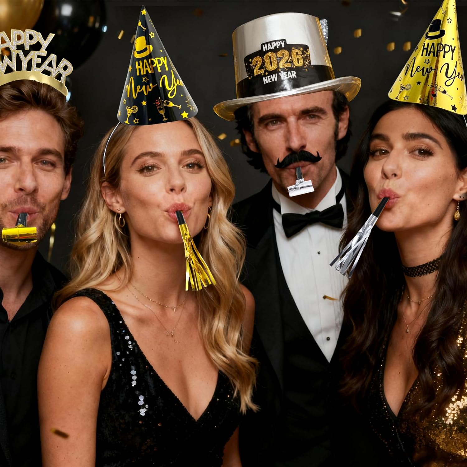 52 Pcs New Years Eve Party Supplies 2026 Happy New Years Decorations Party Favors Includes Top Hats Headband Tiara Horns Metallic Noisemakers Accessories for NYE Party Supplies - Image 6