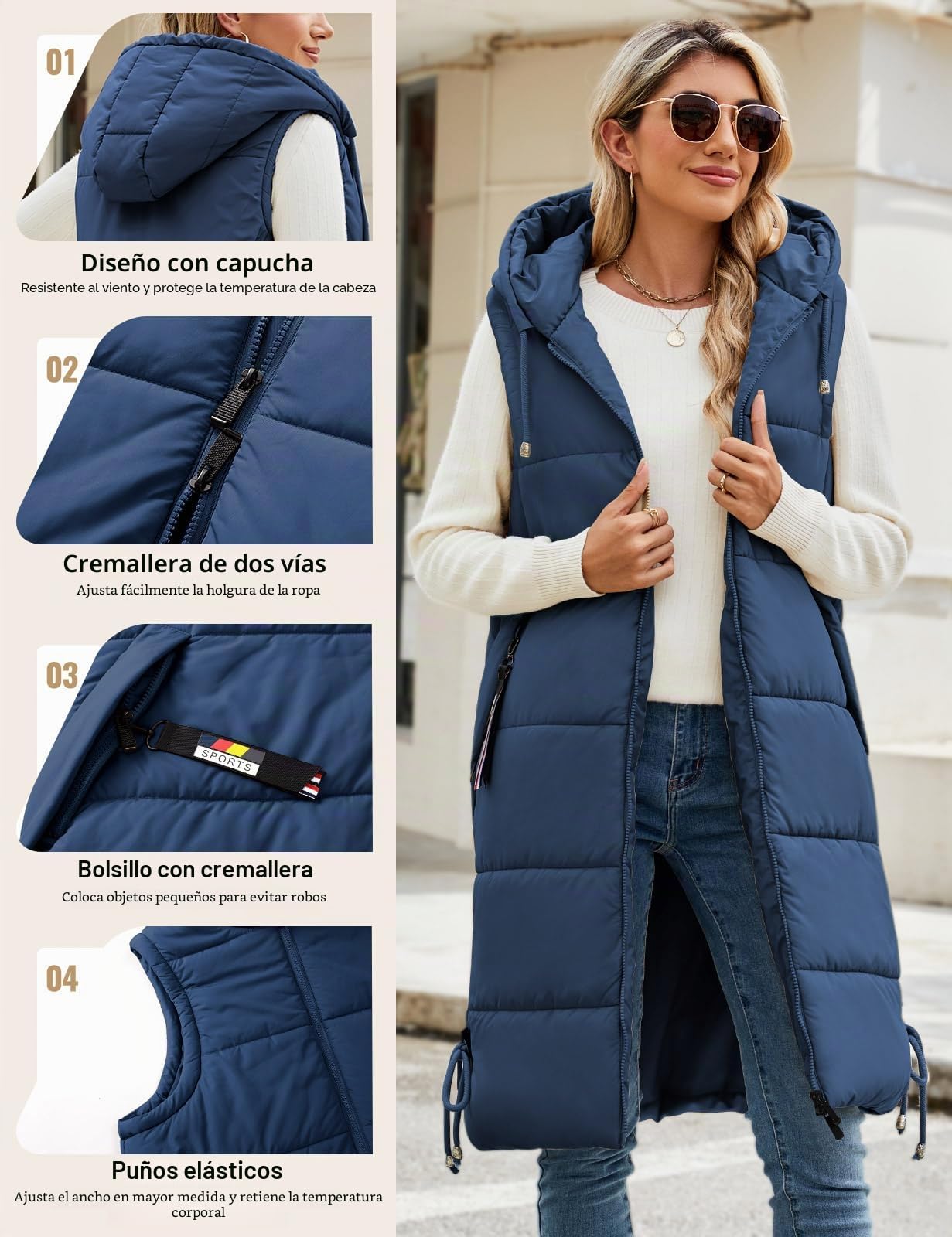 Vancavoo Chaleco Acolchado Mujer Invierno Largo Chaqueta sin Mangas Chaleco de Plumas Chaquetas con Capucha Abrigo de Cálidos on Bolsillos