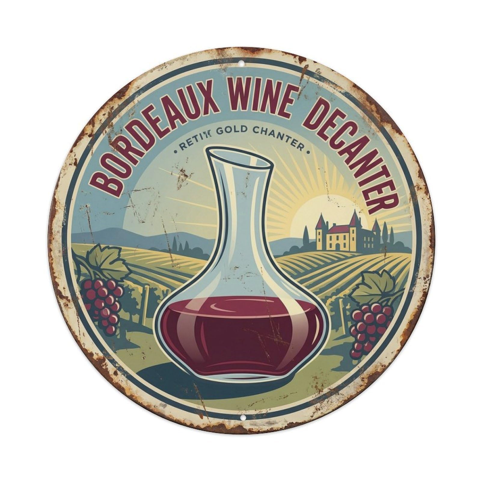 Retro Wine Decanter France Bordeaux Vineyard Travel Metal Tin Sign