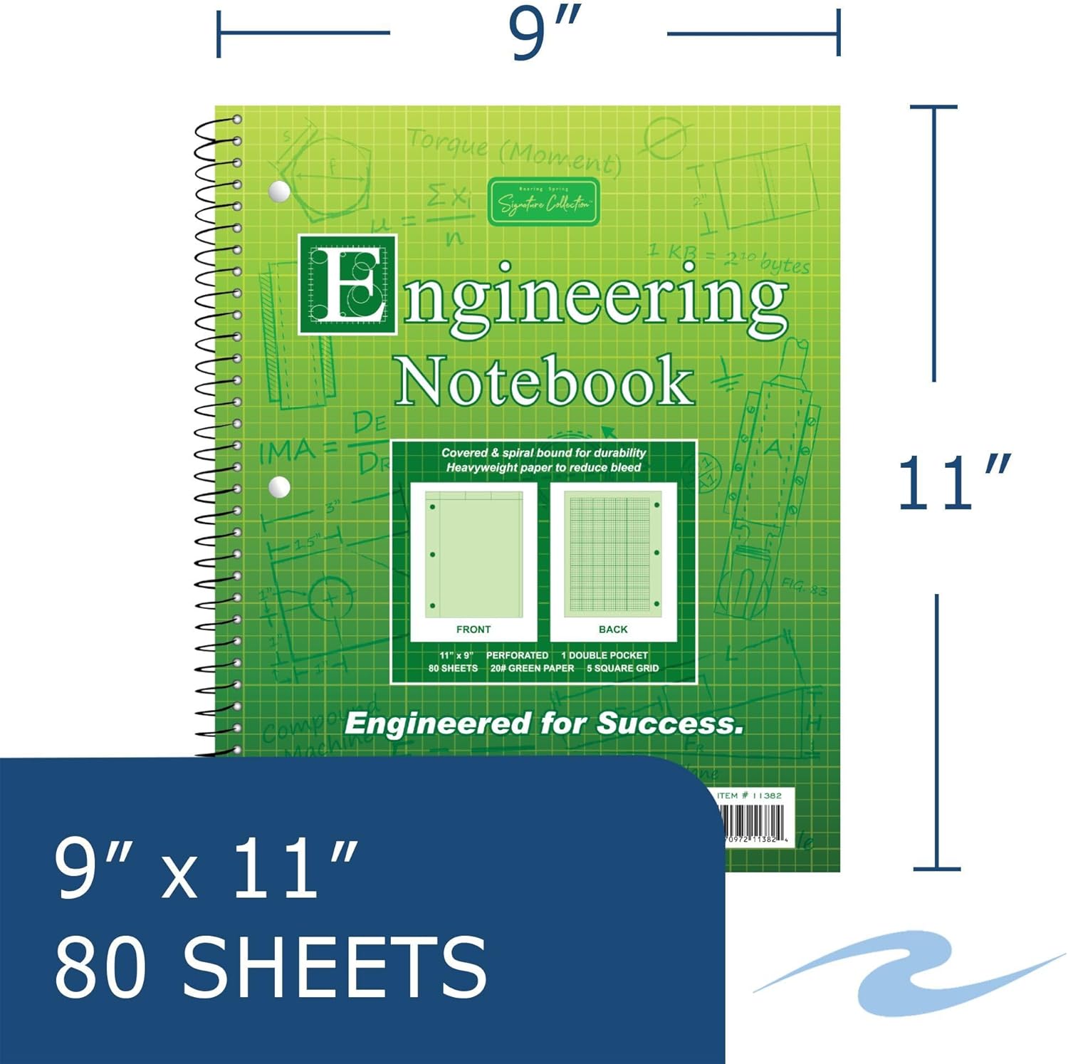 Roaring Spring Graph Ruled Spiral Engineering Notebook, Engineering Graph Paper, 24 Pack, 5x5 Enclosed Grid, 8.5" x 11", 80 Perforated Sheets, 3 Hole Punched, Green Tinted Sheets, Made in USA