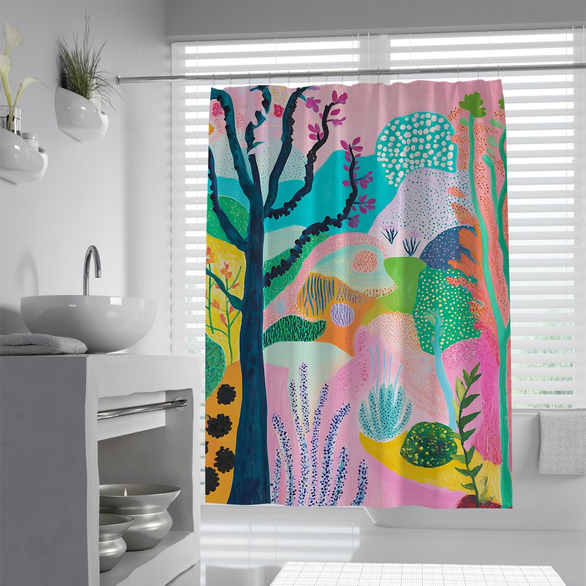 OLLIAR Home Watercolor Shower Curtains for Bathroom Decor Abstract Colorful Forest Tree Whimsical Landscape Art Print Waterproof Washable Fabric Bath Curtain 220x200cm