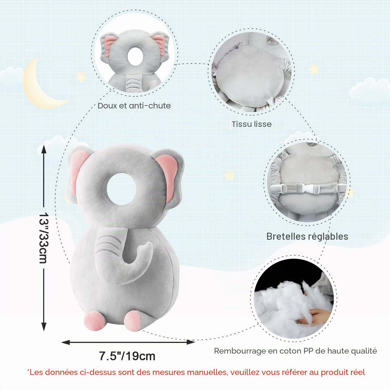 Coussinets de Protection de la Tête pour Bébé, Doux Respirant Réglable Protection de Tête de Bébé, Protection de La Tête Oreiller de Ssoutien, pour Les Enfants de 4 à 24 Mois, Éléphant