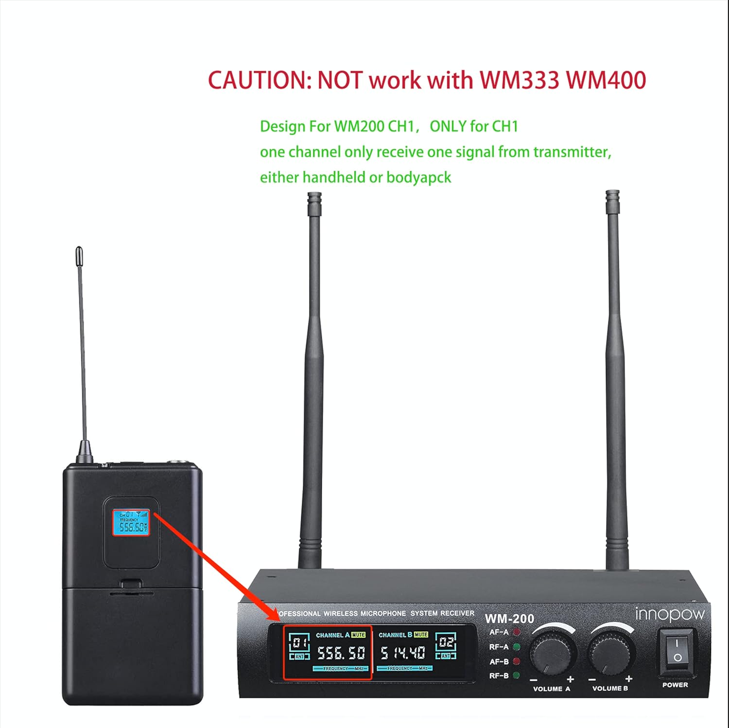 Bodypack with Lapel & Headset Mic for WM200 CH1 556.5Mhz