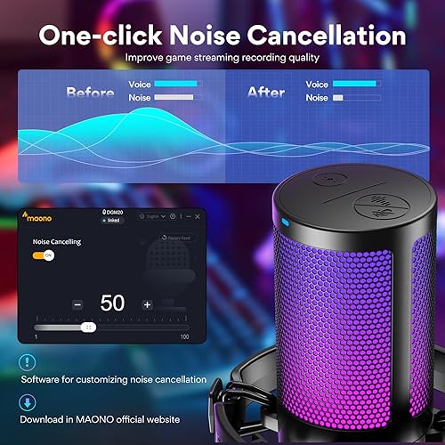 Miniatura 2 de MAONO Micrófono USB para juegos para PC, micrófono condensador con cancelación de ruido con luces RGB, silencio, ganancia para transmisión,