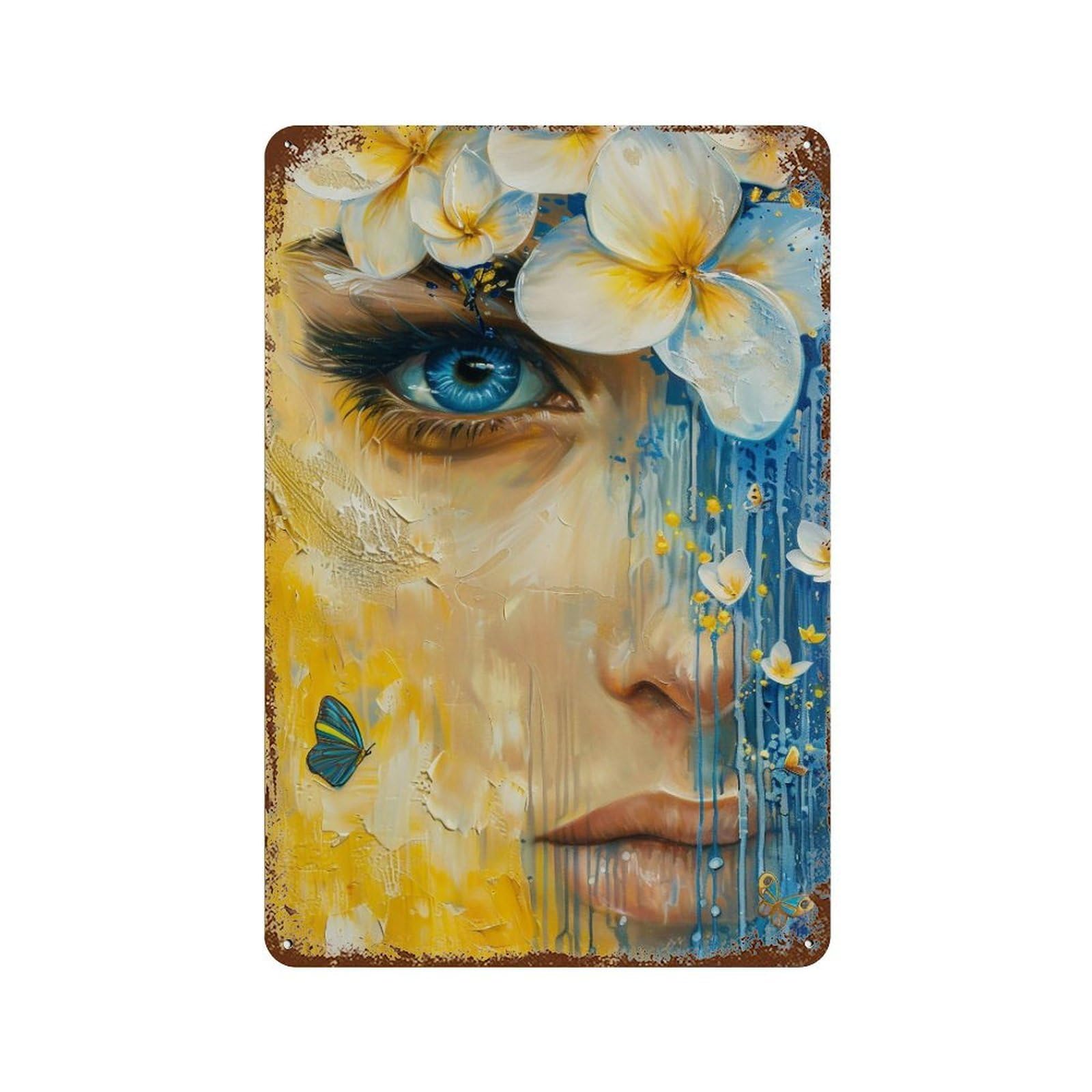 YHGERTKU Blue Eye Floral Butterfly Woman Surreal 03 Wall Art Retro Iron Vintage Metal Tin Sign Poster Modern Decor for Living Rooms Gift 30x20cm