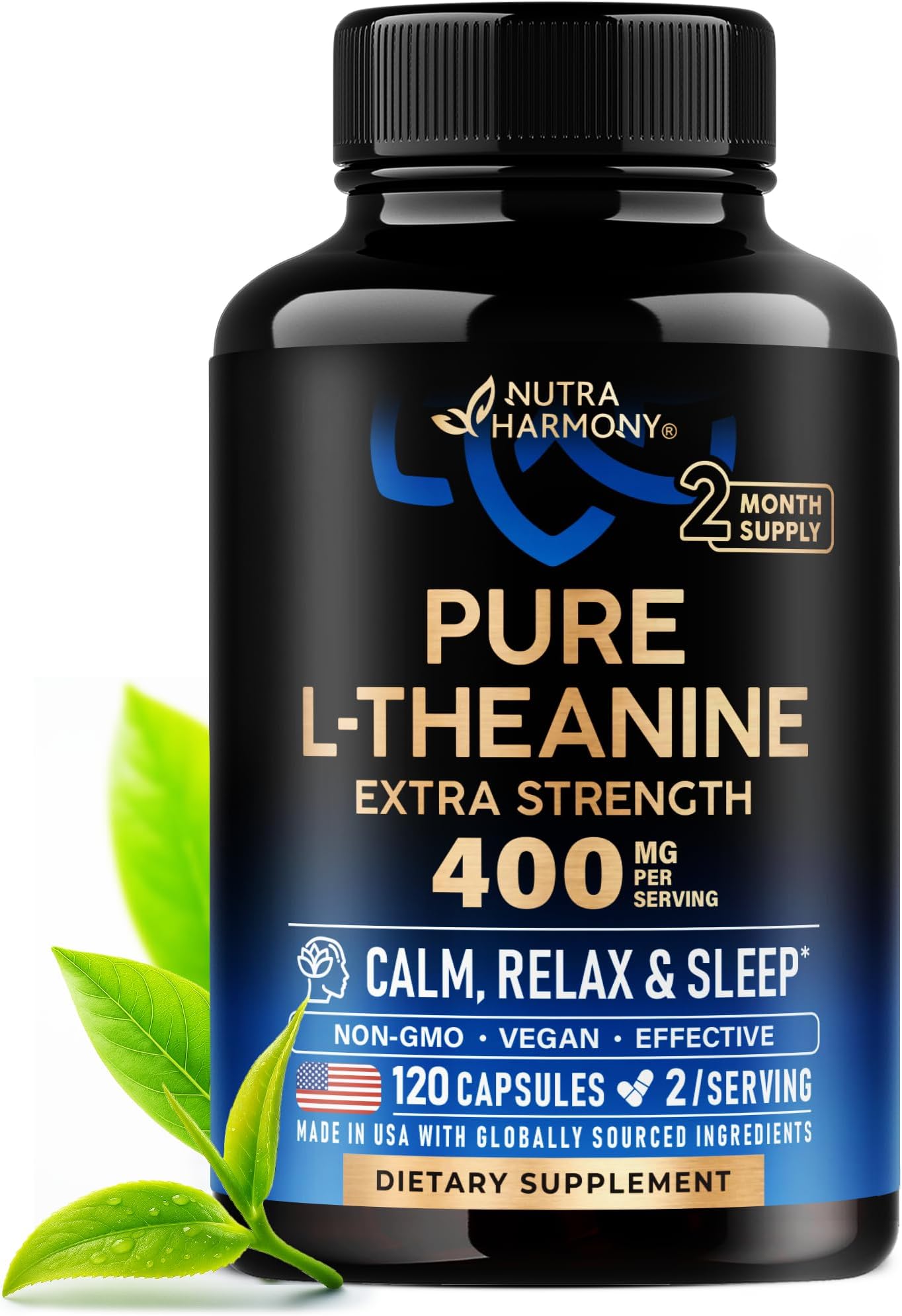 L Theanine 400 mg | L-Theanine Stress Relief | Extra Strength Supplement | Lab Tested | Relaxation, Sleep & Calm Support | For Men & Women | Plant Based, Non-GMO & Gluten-Free | 120 Vegan Capsules