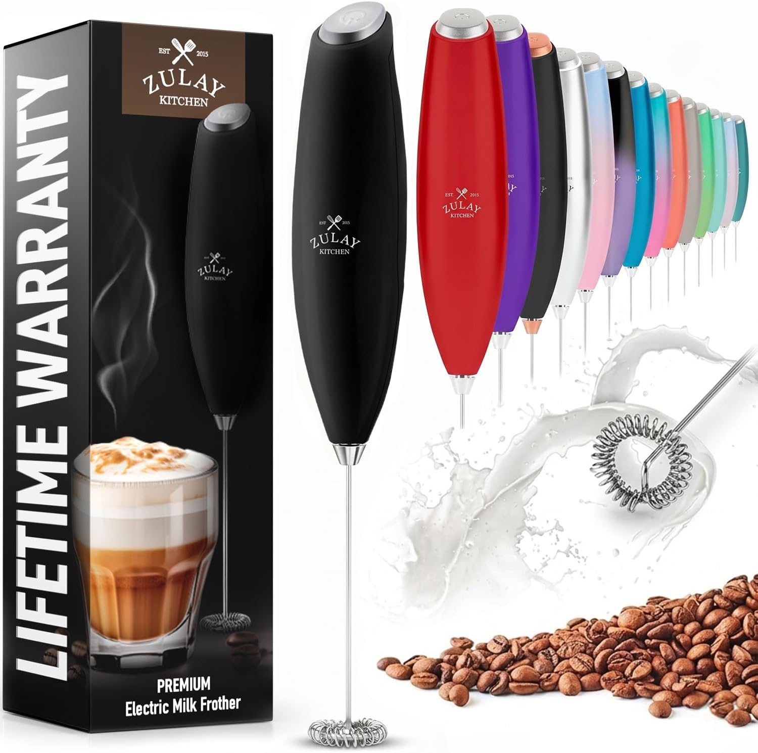 Zulay Kitchen Milk Frother Handheld Electric Whisk – Frother Wand, Durable Drink Mixer, Stainless Steel Whisk, Coffee Frother, Hand Blender, Frother for Protein Powder, Lattes, Matcha & More - Black