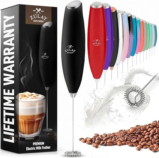 Zulay Kitchen Milk Frother Handheld Electric Whisk with AA Duracell Batteries – Durable Drink Mixer for Coffee, Lattes, Cappuccinos & More - Black