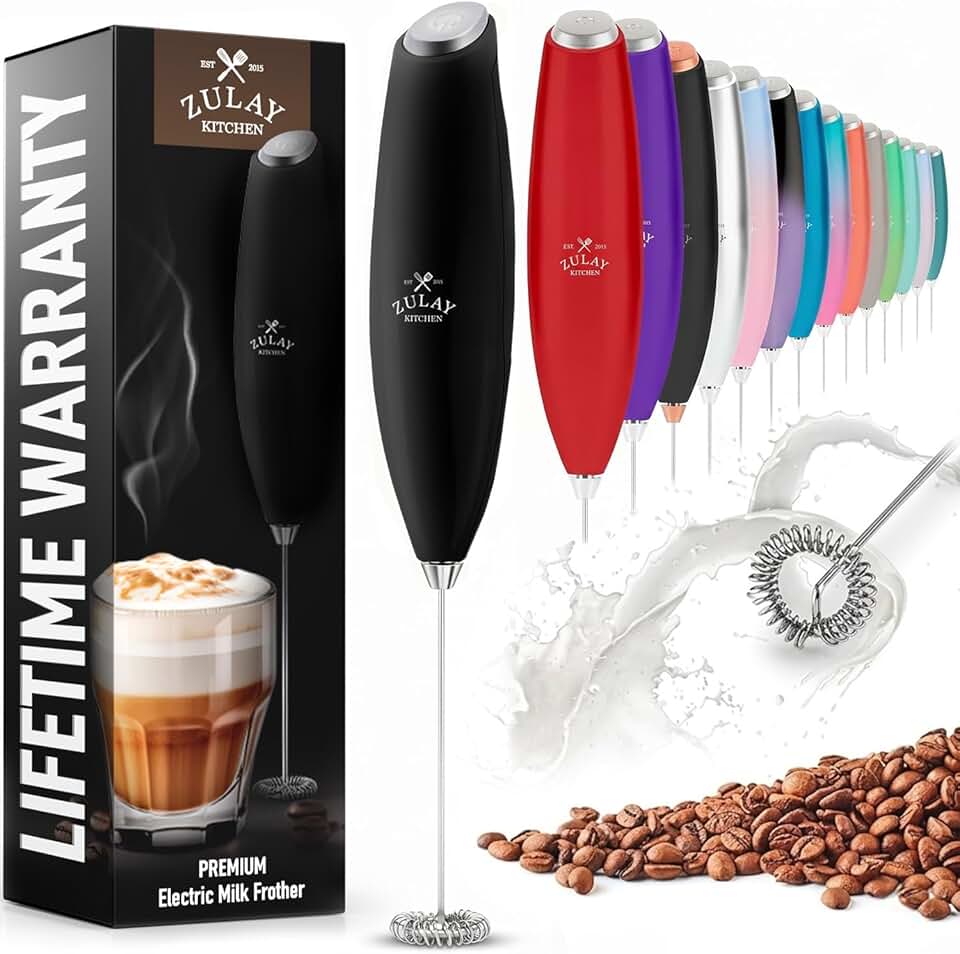 Zulay Kitchen Milk Frother Handheld Electric Whisk – Frother Wand, Durable Drink Mixer, 不鏽鋼 Whisk, Coffee Frother, Hand Blender, Frother 適用於 Protein 粉末狀, Lattes, Matcha & More - Black