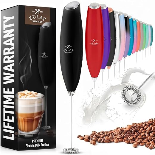 Zulay Kitchen Milk Frother Wand Drink Mixer - Durable, Proprietary Z Motor Max - Handheld Frother Electric Whisk, Milk Foamer, Mini Blender and Electric Mixer Coffee Frother for Matcha - Black