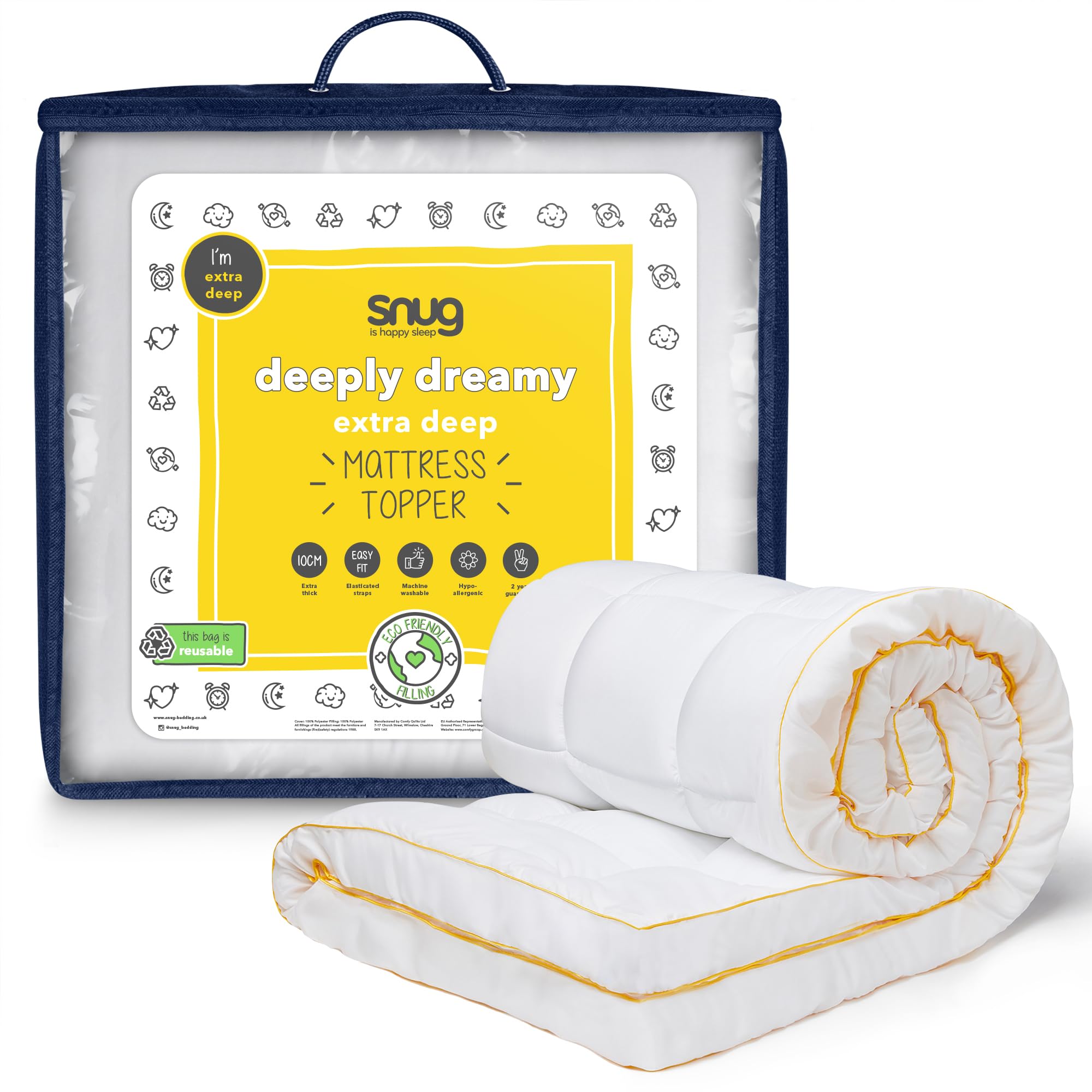 Snug Deeply Dreamy Mattress Topper Single Bed - 10cm 4 Inch Extra Thick Mattress Enhancer with Elasticated Straps Quilted Comfortable Super Soft - Hypoallergenic Machine Washable - Single - 190x90cm