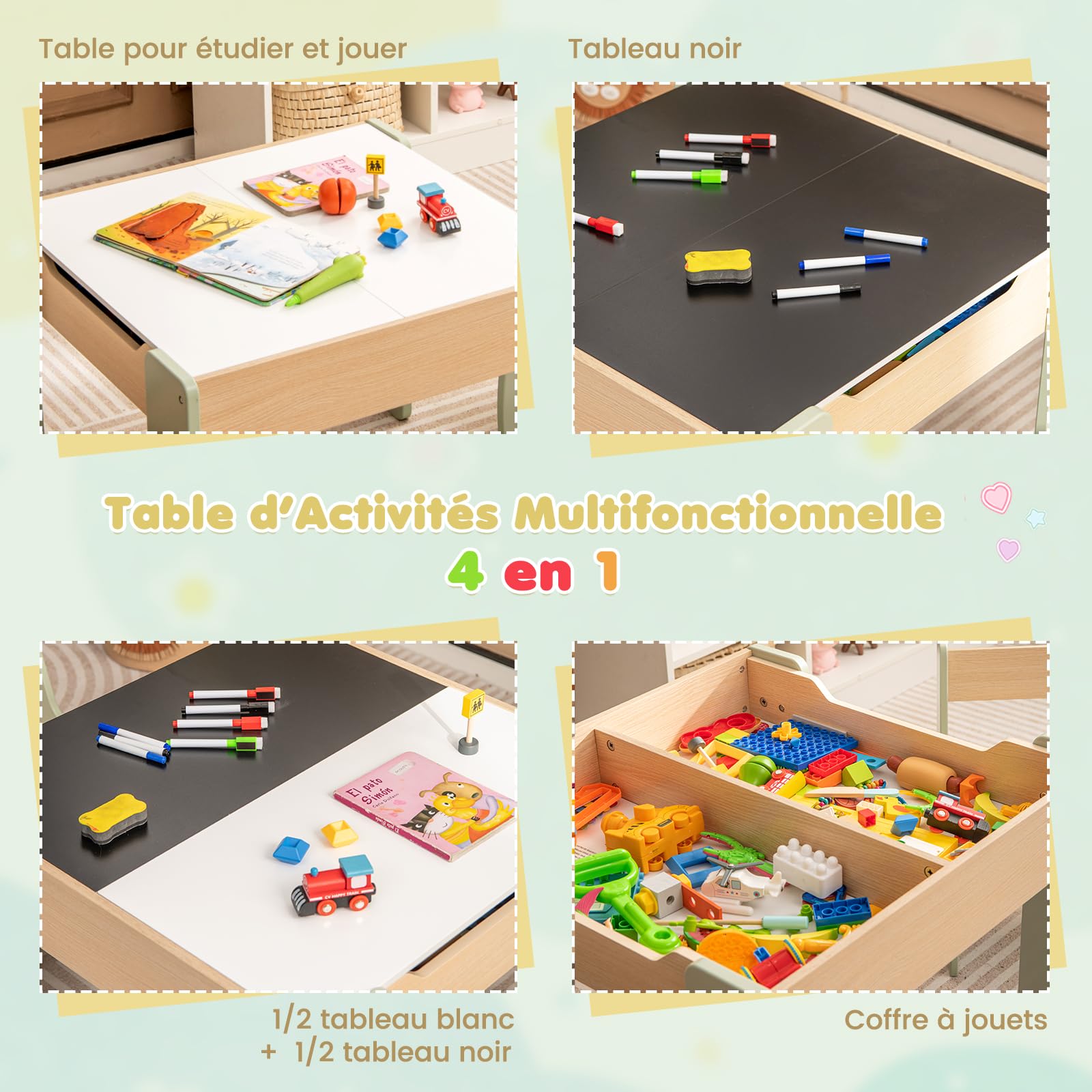 COSTWAY 4 en 1 Table Enfants avec 2 Chaises en Forme d'Eléphant, Table et Chaises en Bois avec Tableau Amovible, Espace de Rangement, Bureau pour Dessiner Jouer, Charge 30kg pour 3-6 Ans (Vert)…