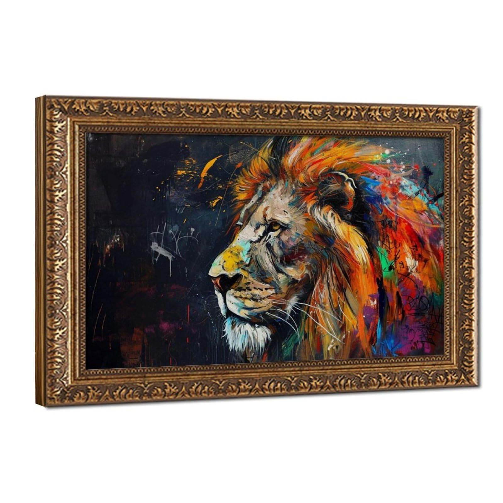 Pyberon Retro Gold Frame-Style Colorful Lion Head Canvas Poster For Dorm Room Decor Gift