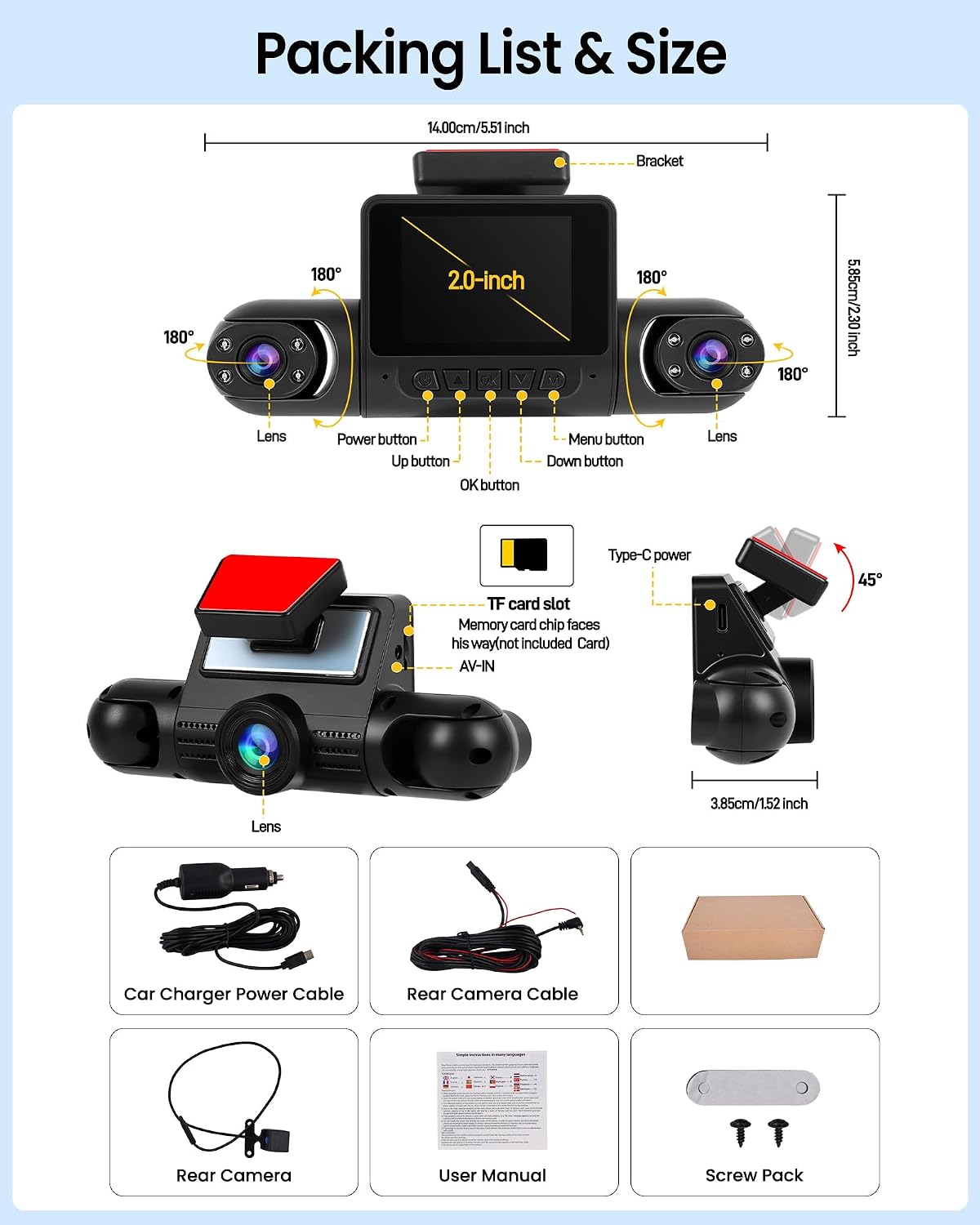 4 Channel 360° Dash Cam, 1080P FHD Front and Rear Camera for Cars, 8 Non-Glare Night Vision Lights, Loop Recording, Reverse Assistance, 2" IPS Screen, 13 Languages Supported