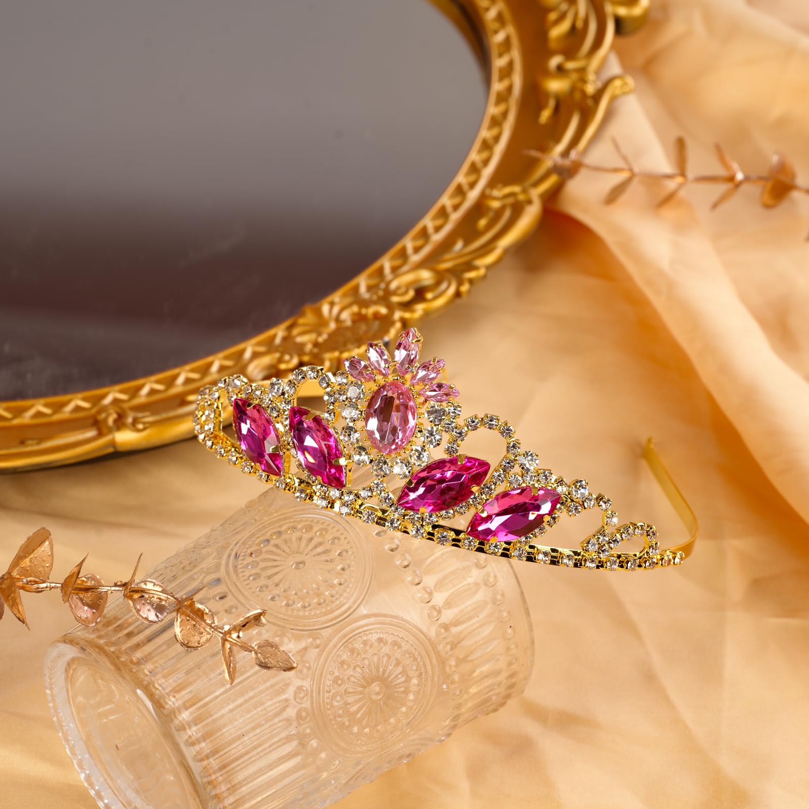 JINSAWW Pink Princess Crown Dress-up Crown Headband Aurora Tiara Birthday Wedding Gold Crown Halloween Cosplay Hair Accessories for Her