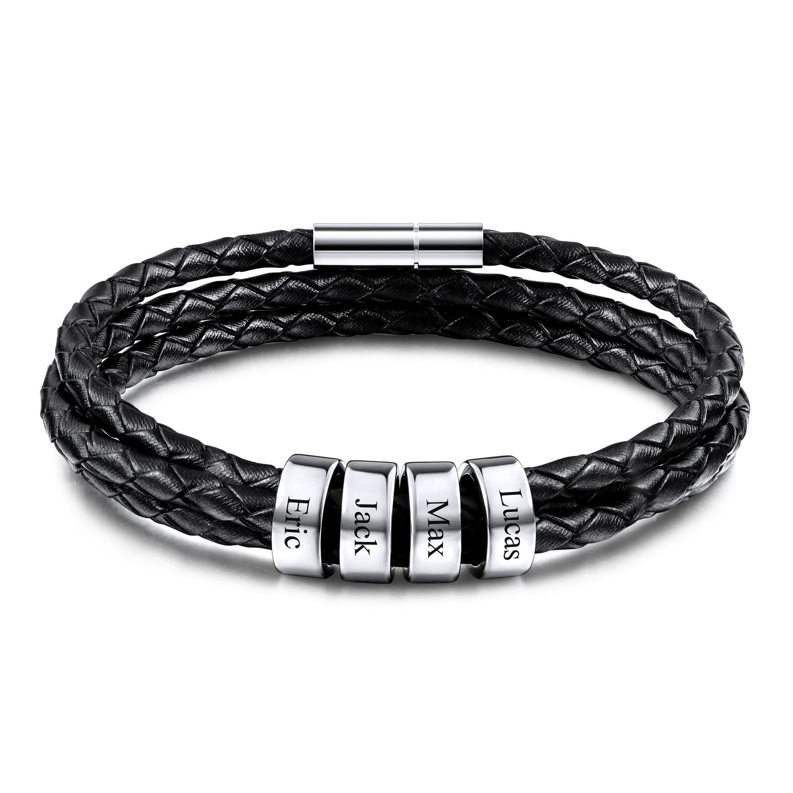 INBLUEPulseras de Cuero Hombre Trenzadas con 2-6 cuentas de nombre Personalizado Grabado Regalos Personalizados para Hombres Mujeres Regalos para Novios, el día del Padre Joyería Hombres