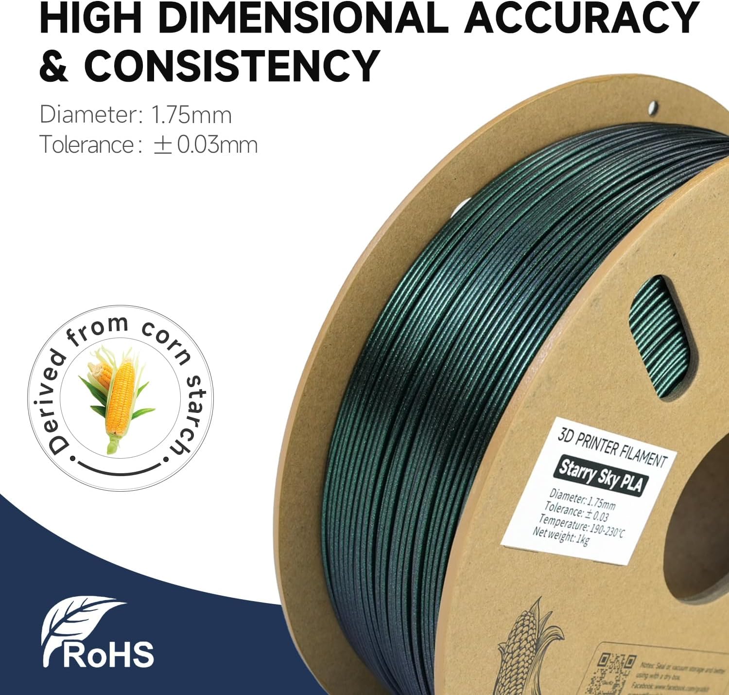 GratKit Starry Sky PLA, Glitter PLA Filament, 1.75mm Galaxy 3D Printer Filament, +/-0.03, 1KG/Roll, Glitter Magic Green