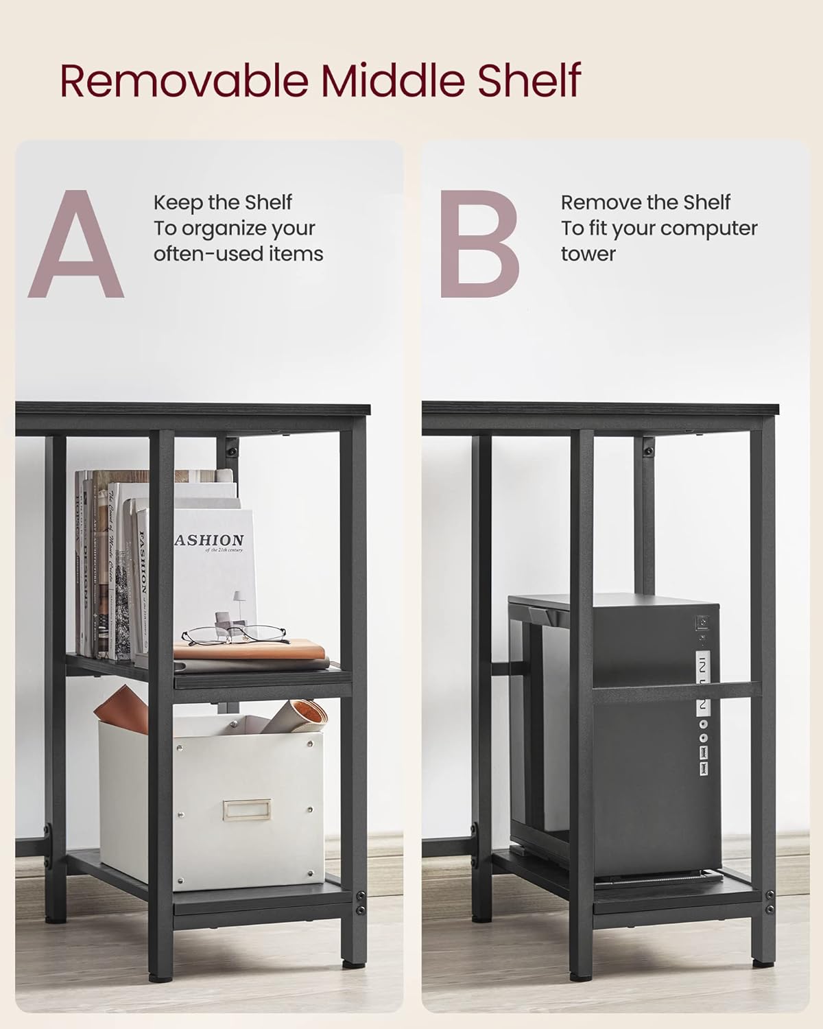 Close-up of the removable middle shelf, showing options for storage or computer tower placement