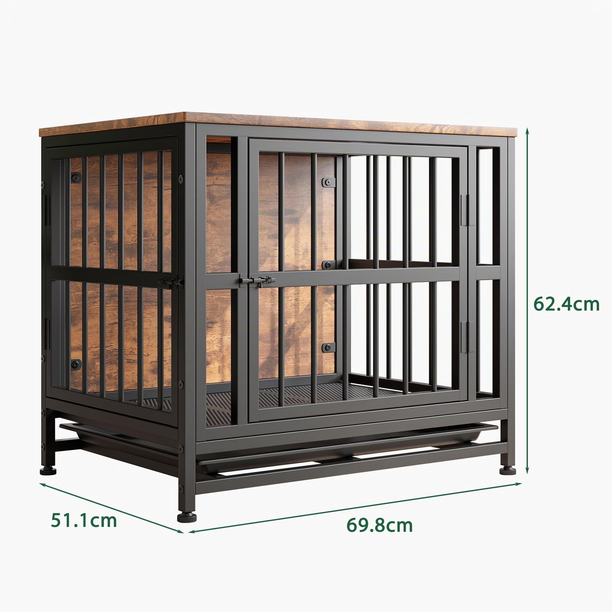 Gabbia per cani in legno robusto con 2 porte, vassoio rimovibile, tavolino resistente alla masticazione, marrone rustico 70 cm