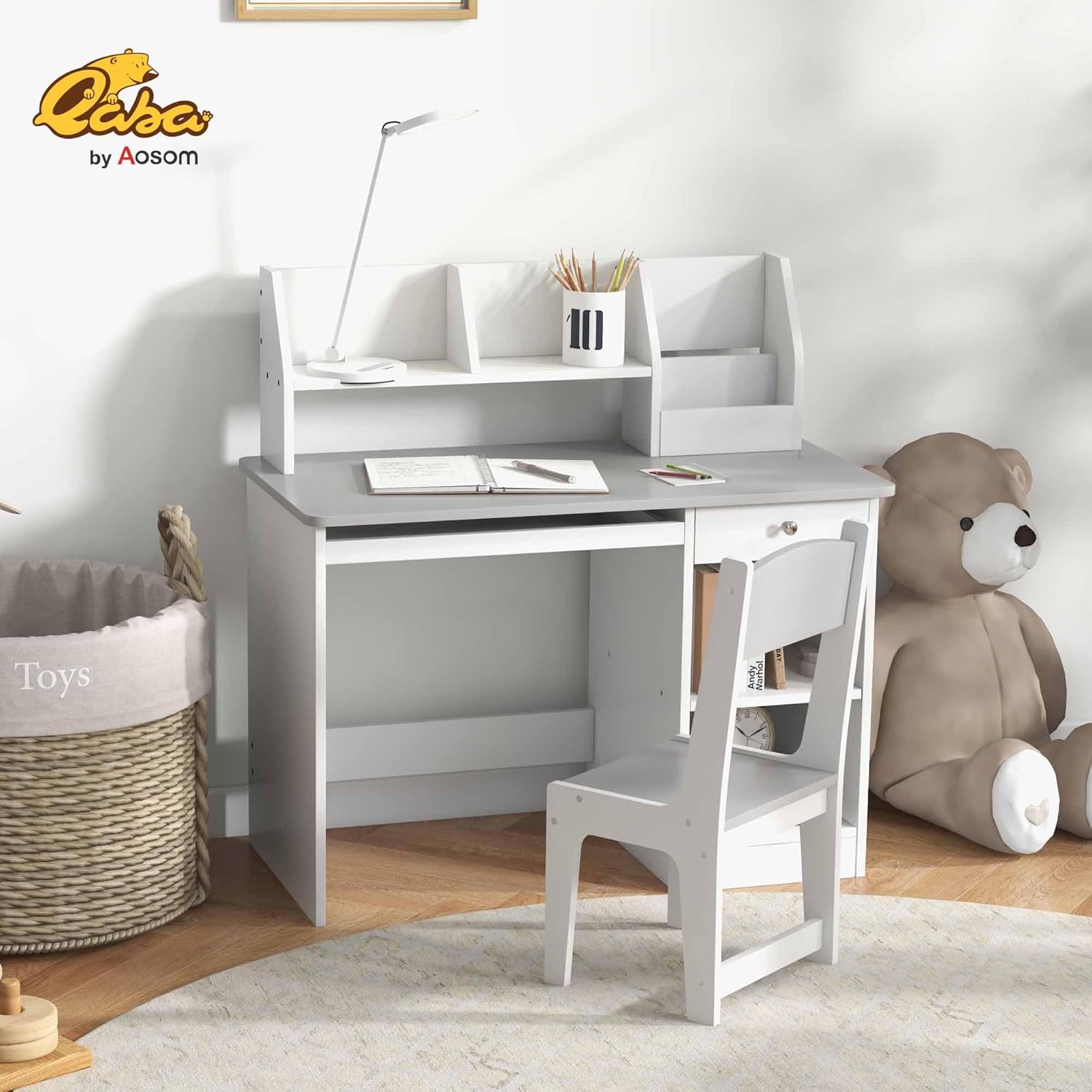 Qaba Kids Desk and Chair Set with Storage, Study Desk with Chair for Children 5-8 Years Old, Gray