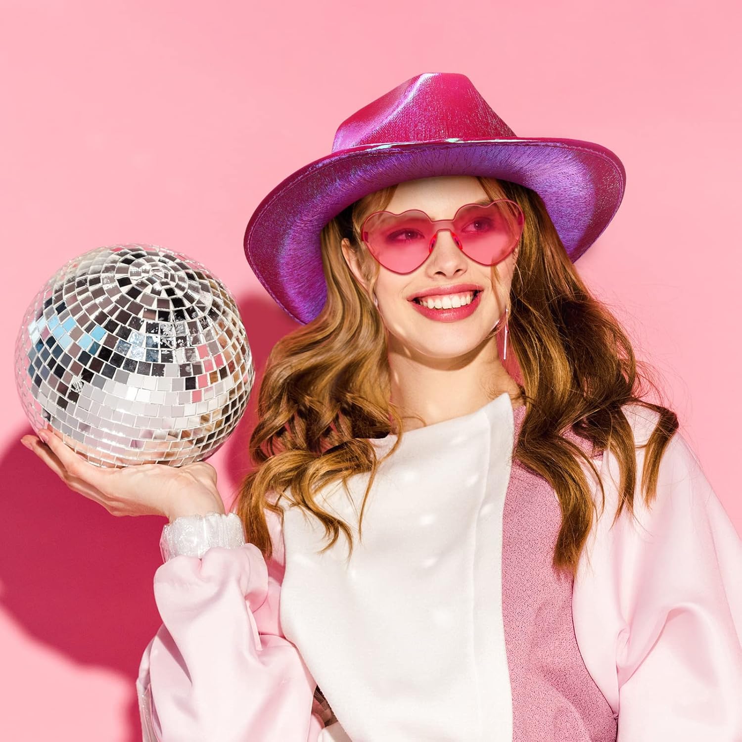Zhanmai 6 Set Holographic Cowboy Hat Neon Space Cowgirl Hat with Sunglasses Glitter for Women Men Costume Party