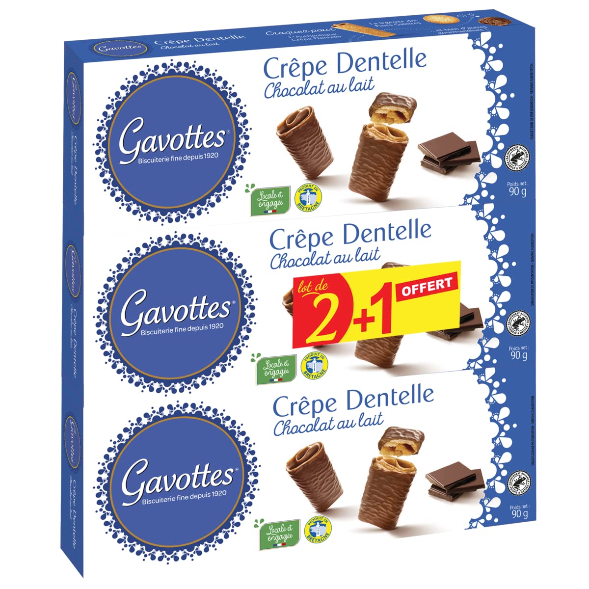 Lot de 6 unités *** GAVOTTES crepes dentelle chocolait 2x90g + 90g offert*** soit un format carton de 6 unités ***