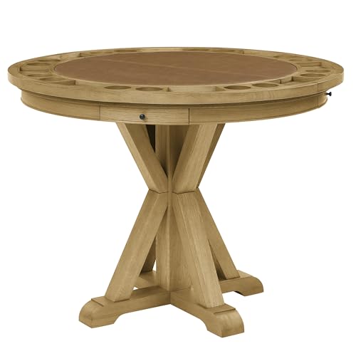 Steve Silver Furniture Rylie Counter Table with Game Top, 48\" Round Table Top w/ 16 Cupholders and 8 Chip Holders, Folding Game Top, 4 Felt Lined Drawers, 48\" L x 48\" W x 36\" H, Natural Brown