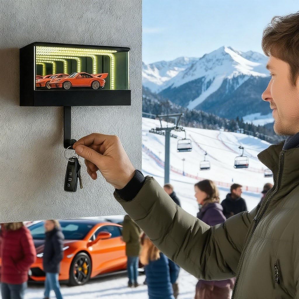 Garage Keychain Holder, Mirror Led Lamp Wall Mount Keychain with Tunnel Effect Light for Cars Lovers (2PC)